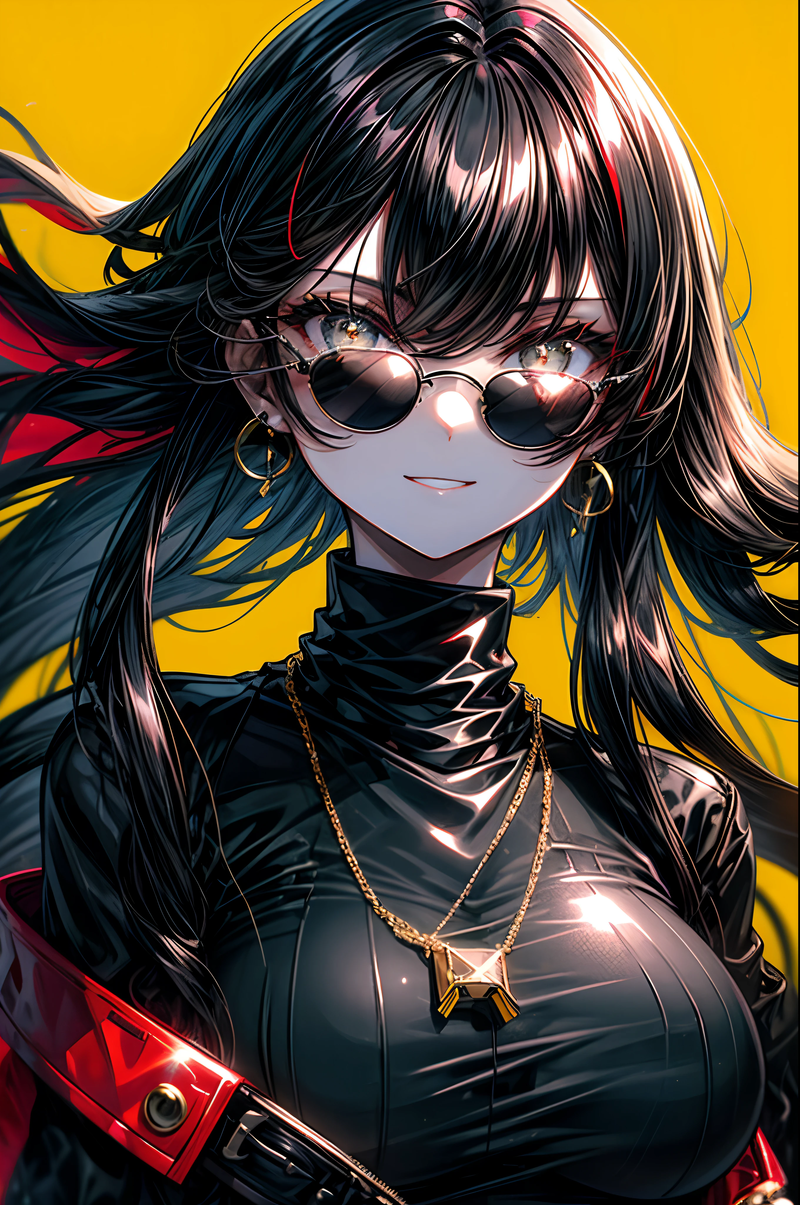 One woman, long black hair, cropped bangs, piercing gaze, slitted eyes, smile, round framed sunglasses with red lenses, earrings, black high neck sweater, leather jacket, gold necklace, yellow background, high quality, ink painting style, upper body,