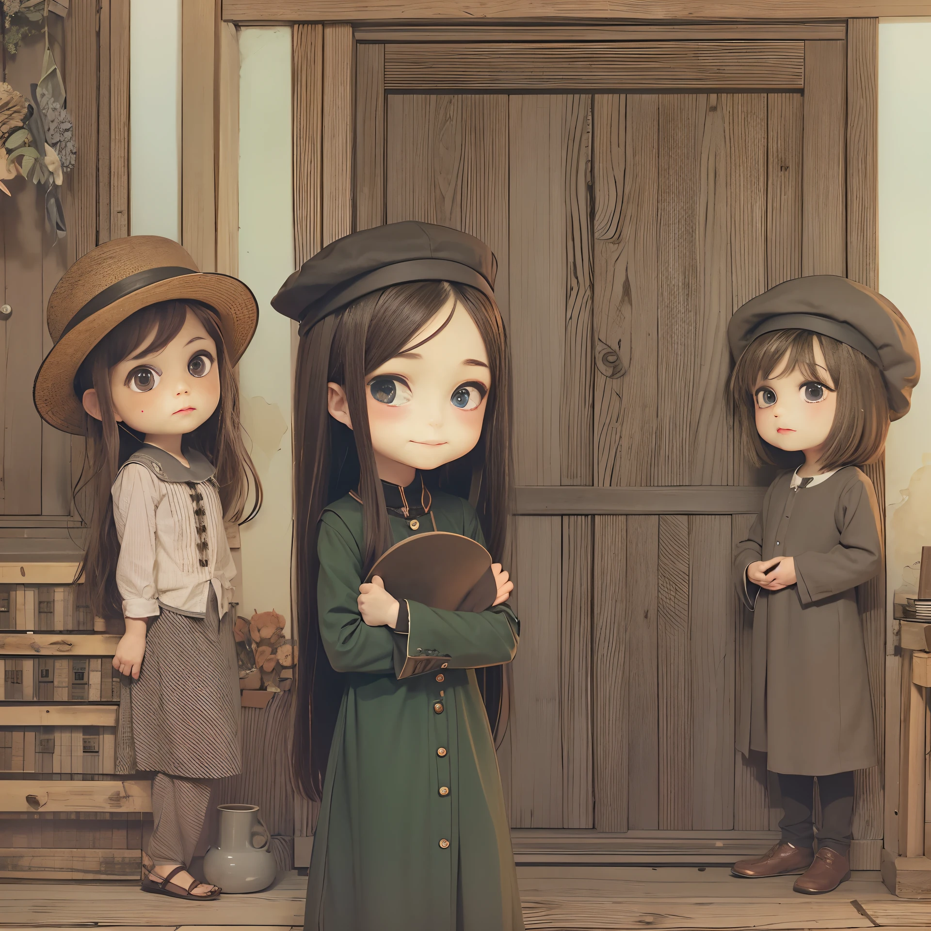 Amish chibi Girl in hat and in very modest conservative clothes of arabs stands in the doorway, chibi surrounding
