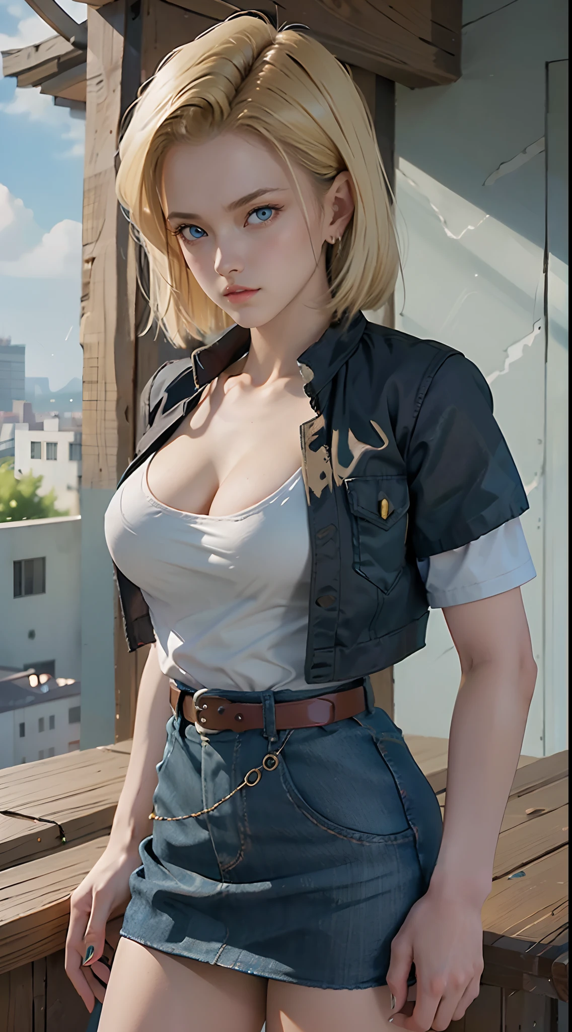 Hyper detailed image, UHD, 16k, professional photo, (Realistic photo of Android-18 From Dragon Ball Z) girl Goddess of beauty, very straight short blonde hair, serious face expression, ((she wears a blue denim jacket and a cropped white shirt, short white underground showing flesh of the breast)), erotic, open denim jacket showing her big, beautiful and perfect breasts, (breasts, long pointed breasts sticking out of the jacket), she wears a belt and a (raised blue denim skirt showing micro panties stuck in the pussy, bubian hair showing), brown boots, perfect hands and fingers,
  android 18, sexy saiyan girl, Official Art, Android-18 Sexy female, official character art, sexy female protagonist, lean and fit curved body :8, Akiri Toriyama, Director: Akira Toriyama, Bulma from Dragon Ball, Best Character Design Anime, Akira Toriyama style, beautiful single character, half naked