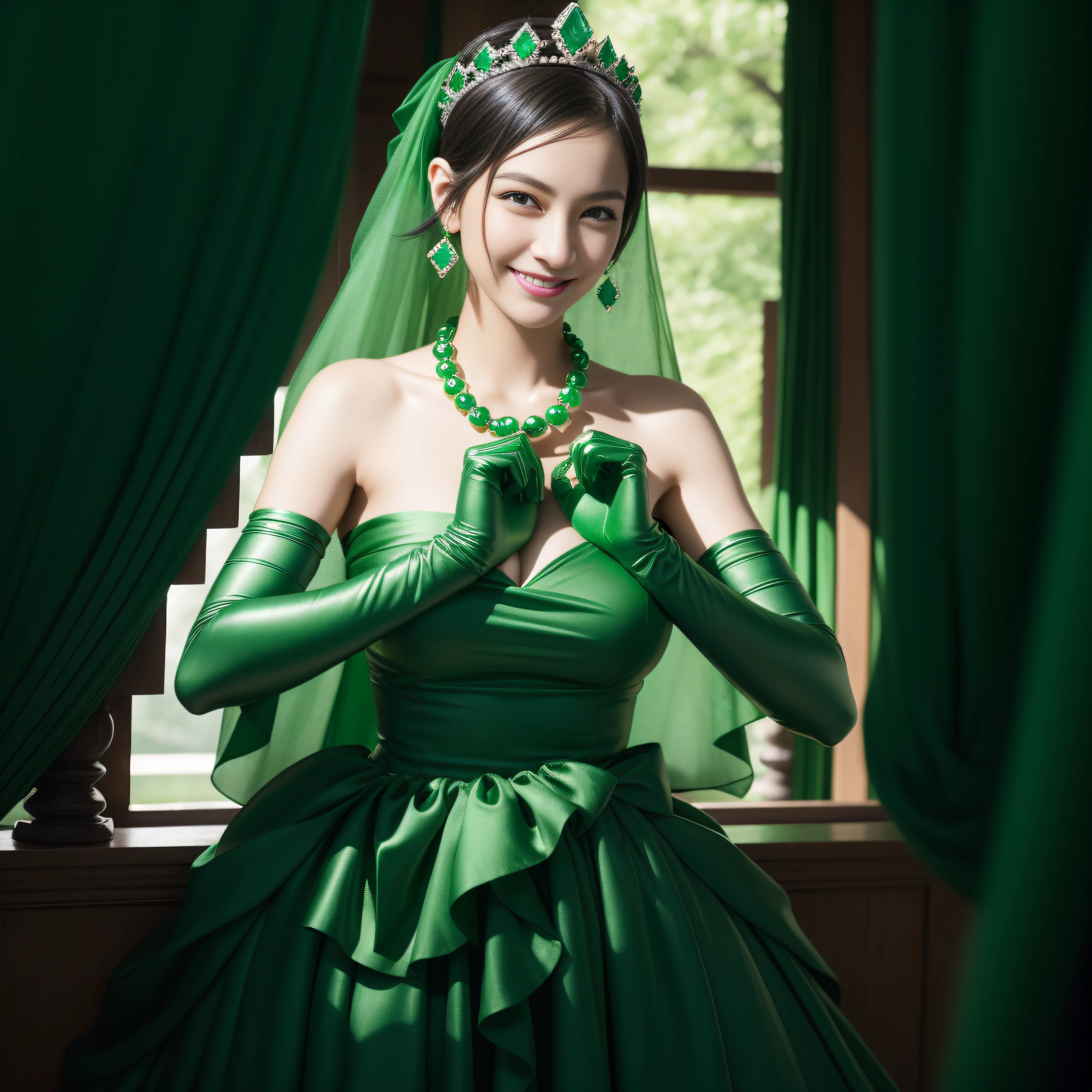 emerald tiara, Green Pearl Necklace, Boyish very short black hair, lipsticks, Japan woman smiling, very short short hair,  big breasts beautiful, Green eyes, Long green gloves made of satin material, Green eyes, Emerald Earrings