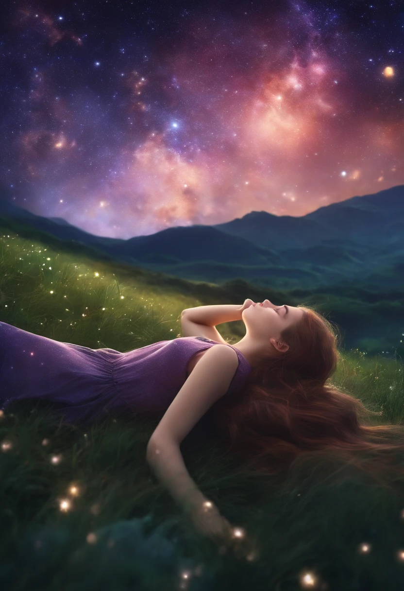 Describe a scene where a cute girl character is lying on a grassy hill, Looking up at the starry sky. Surround her with colorful nebulae and her favorite constellations.