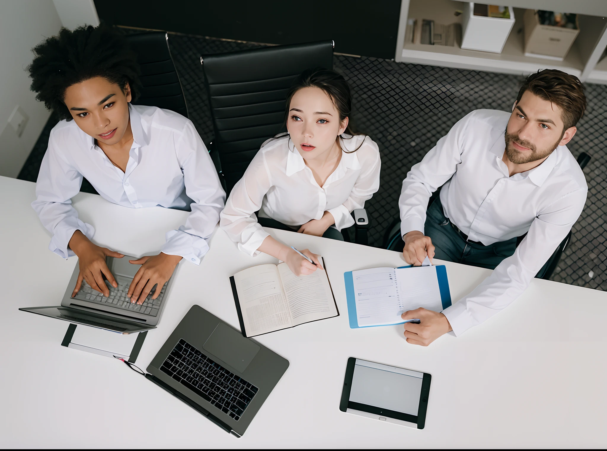 three people sitting at a table with laptops and papers, working in an office, coworkers, integrating with technology, in meeting together, pictured from the shoulders up, group sit at table, people at work, endless collaboration with ai, working on a laptop at a desk, studying in a brightly lit room, sat in an office, book library studying, sitting at a desk, looking directly at the paper, highlighting his expressive face and her elegance, highly detailed, elegant, pinterest, artstation, smooth, sharp focus, 8k, full shot, 105mm portrait lens, film grain, Fujifilm XT3 photorealistic painting art by midjourney and greg rutkowski