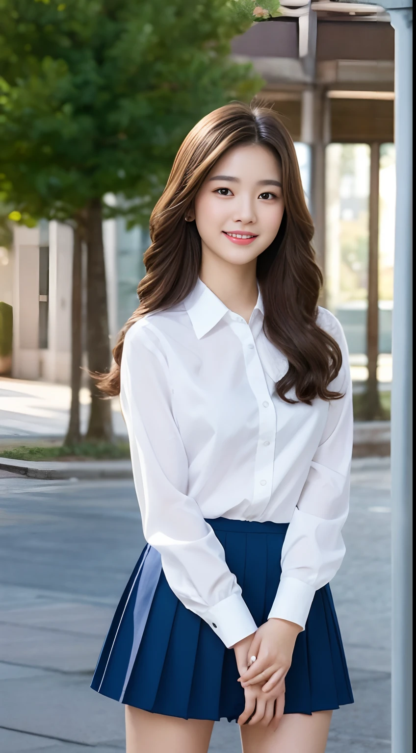 Very detailed 8k wallpaper)、foco nítido、in detail、Drama、Delicate and beautiful schoolgirl、18year old、Sheer white shirt、Quite short skirt、ligh brown hair、hair adornments、Beautiful and sexy、A smile、独奏、Beautiful graphics、Bright school building、Full of students、crouching down、