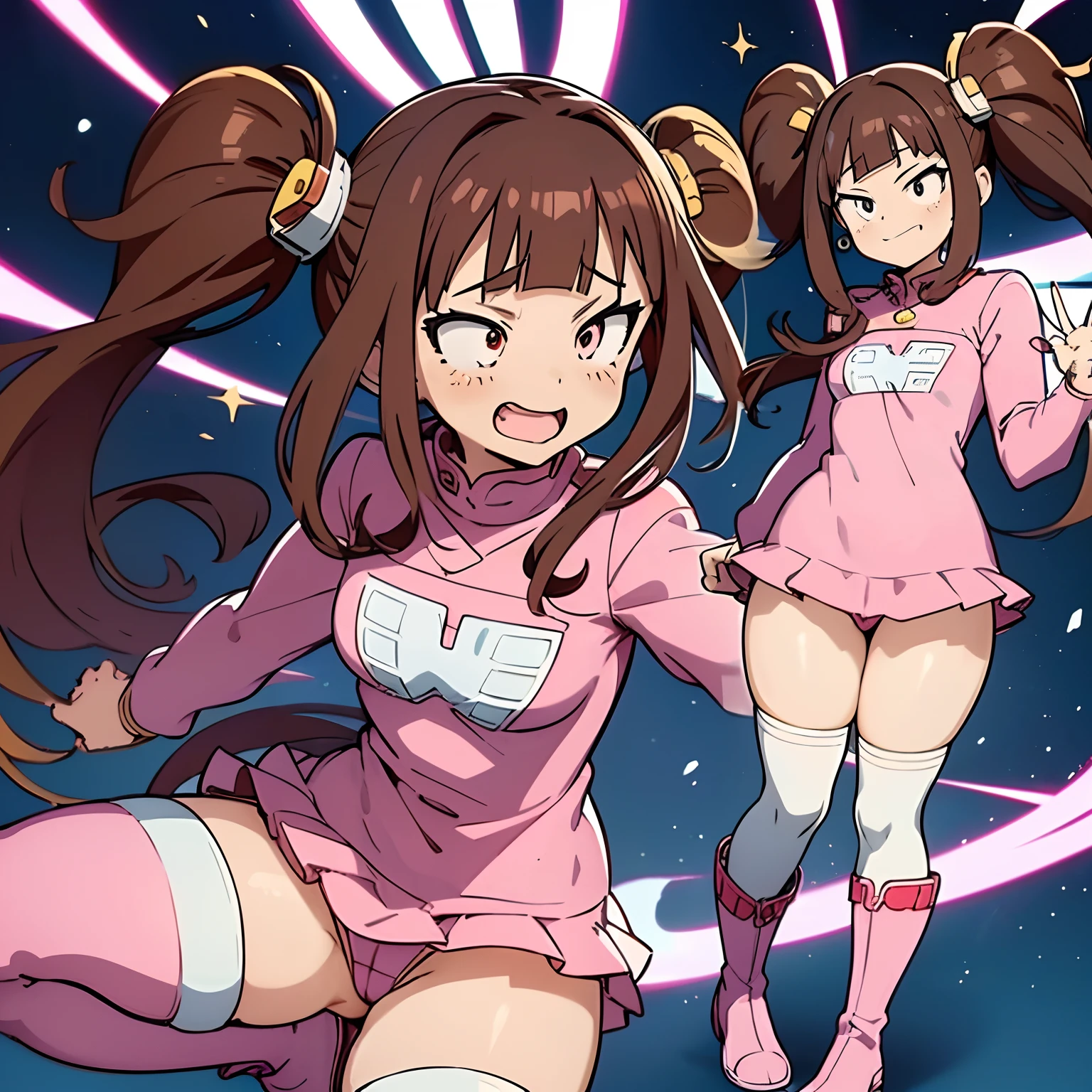 Anime((my hero academia)). Female((one character)). Tan skin. 5'4. Dark brown hair((Long Twintails and blunt bangs)). Chubby((small chest, big thighs)). Pink outfit((white fuzzy accents)). Smiling Expression. White boots((fuzzy)). Character sheet ((front and back poses)). Y2K style. Electric sparks surrounding her.