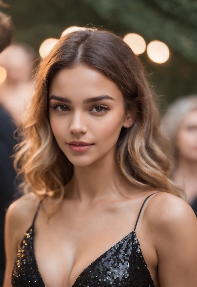 Sexy woman, 20 years old, Slim, sport, Tanned skin, Big breasts, Narrow waist, curly blond hair, Instagram model, Realistic, instagram picture, Photography, realisitic, Natural. Dancing at a party, black sequin dress, V neck, background showing people
