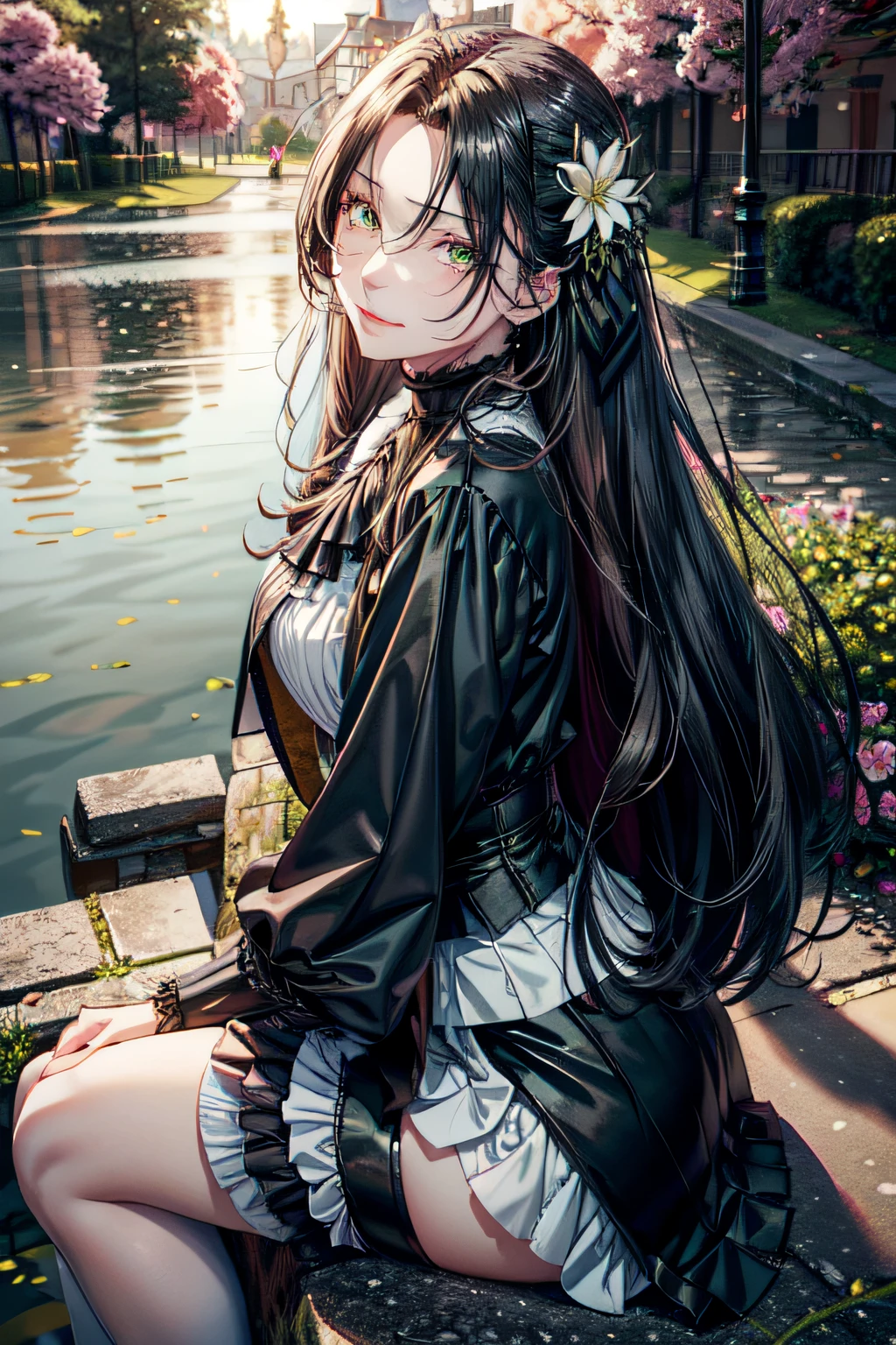 masterpiece, best quality, absurdres, half-body portrait, 1girl, human, female, (black hair), long hair, green eyes, long black coat, winged shaped hair pin, beauty mark under right eye, white shirt, silver cravat, black skirt, tennis skirt, black stockings, smirking, looking at viewer, sitting at the lake, (Charming 1.2), (Frivolous expression 1.2), aristocrat, magus, Fate/Grand Order, hair flower,