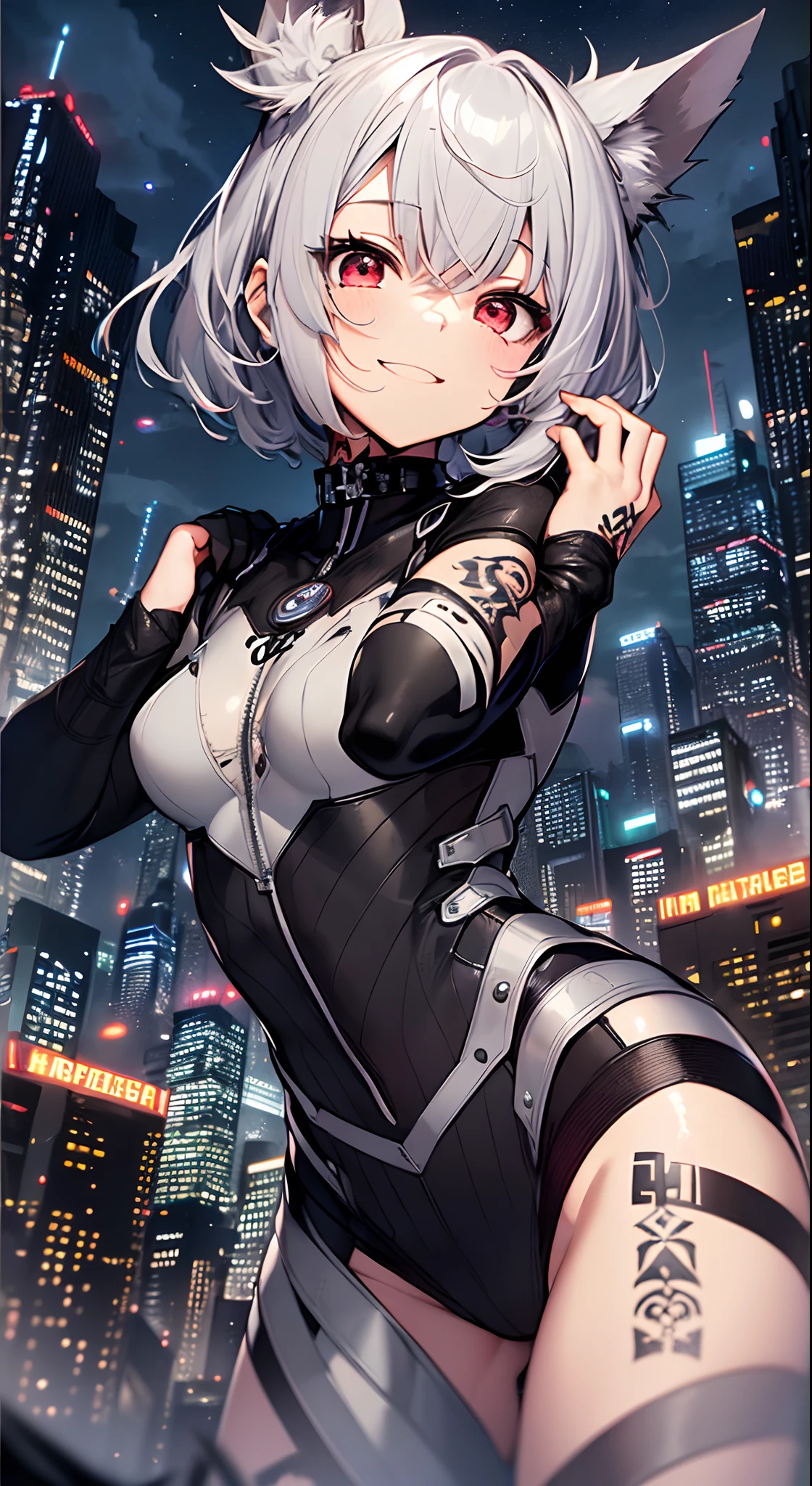 top-quality、Top image quality、in 8K,4K,​masterpiece、、ultra-detailliert、Beautiful、ultra-quality、adult-like、Cool、girl with(((18year old、Tattered rubber suit 1:3、Small breasts、silber hair、a short bob、Red Eyes、flank、erotick:1.4、Happiness、The tattoo)))、from below looking up、opening legs widely、Raise your hands up:1.3、hiquality、visualart、Background with((nightcity:1.2))、masutepiece