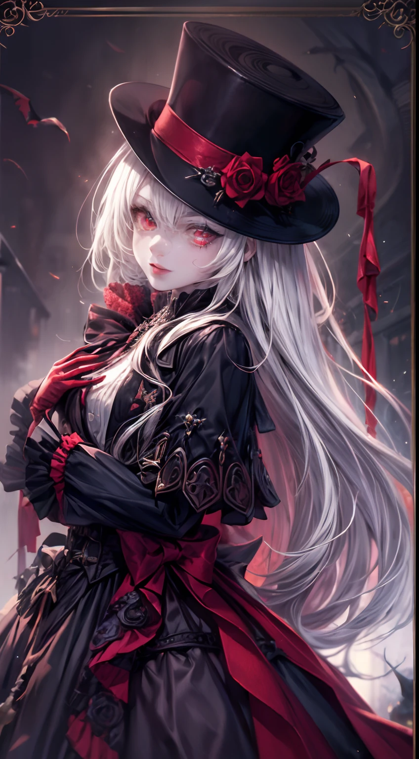 （comical，A high resolution，super-fine），（Vampires），（((Red glowing eyes))）looks into camera，evil look，Clear facial features，（Top hat），Vampire fangs exposed，Dressed in a gorgeous Gothic dress，Silvery hair，rosette，Skull decoration，the bats，The body is surrounded by a red mist，rays of moonlight，Kingly temperament，cinematic rim light，The light is delicate，tmasterpiece，ultra - detailed，Epic composition，Super HD，high qulity，HighestQuali，32k