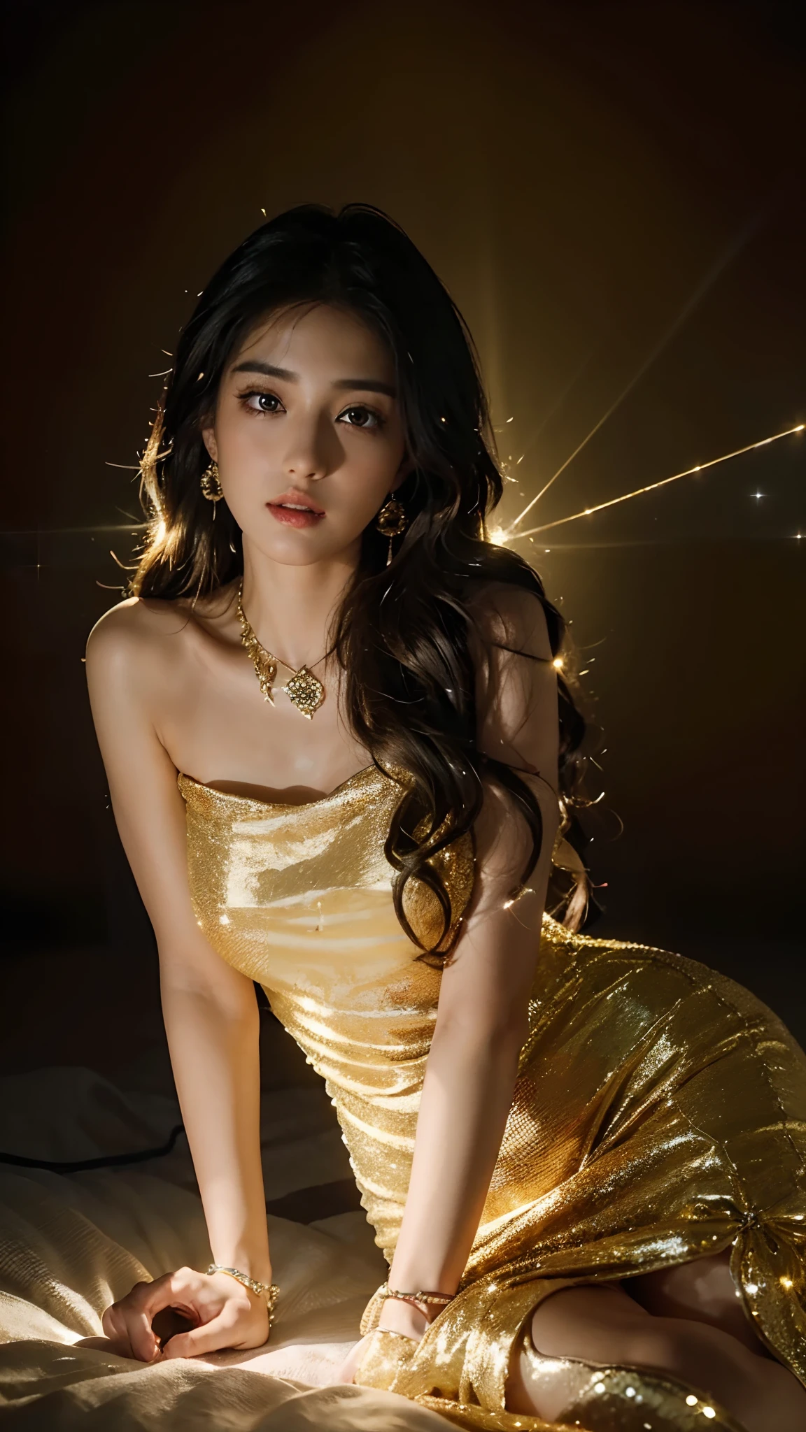 (4K:2.0), (ultra hd), Masterpiece, ((1girl)), beautiful face, (glowing face:1.5), detailed eyes, (ultra long flowing hair:1.5), (black and golden mixed hair color:1.2), crystal hair ornaments, earrings, necklace, (very beautiful:1.5), golden dress, ((glowing dress:1.5)), bare stomach, glowing lace:1.2 shining dress:1.2, magic ball glowing,  jewellery, (soft light:1.5), (spreading lights:1.5), beautiful bright glowing, low lighting, dark room, (complex shadow:1.2), looking at viewers,