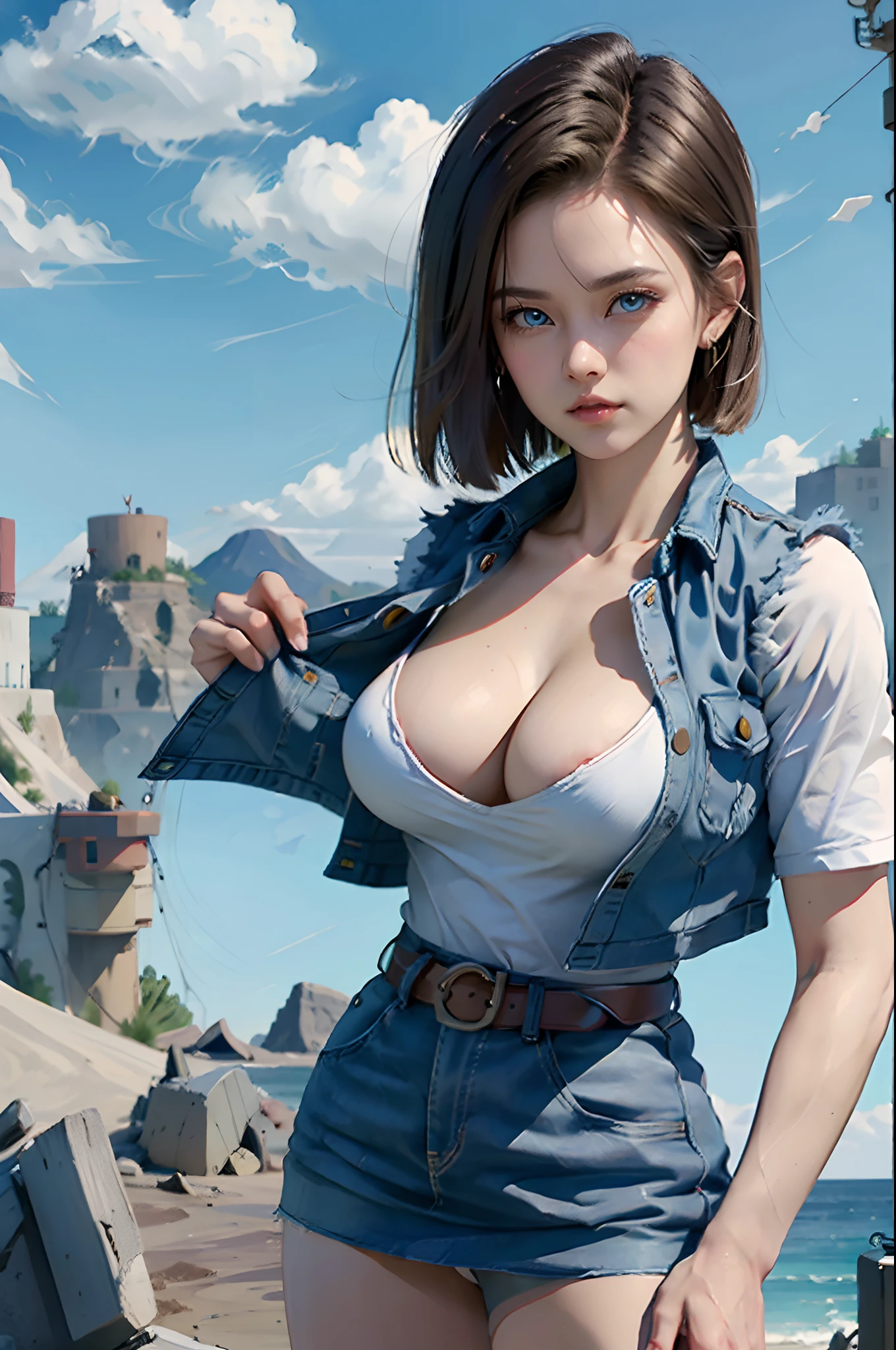 Hyper detailed image, UHD, 16k, professional photo, (Realistic photo of Android-18 From Dragon Ball Z) girl Goddess of beauty, very straight short blonde hair, serious face expression, ((she wears a blue denim jacket and a cropped white shirt, short white underground showing flesh of the breast)), erotic, open denim jacket showing her big, beautiful and perfect breasts, (breasts, long pointed breasts sticking out of the jacket), she wears a belt and a (raised blue denim skirt showing micro panties stuck in the pussy, bubian hair showing), brown boots, perfect hands and fingers,
  android 18, sexy saiyan girl, Official Art, Android-18 Sexy female, official character art, sexy female protagonist, lean and fit curved body :8, Akiri Toriyama, Director: Akira Toriyama, Bulma from Dragon Ball, Best Character Design Anime, Akira Toriyama style, beautiful single character, half naked