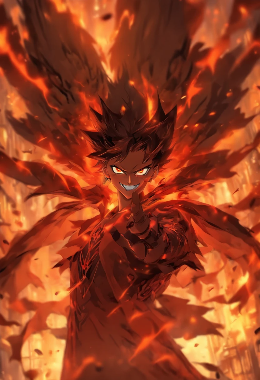 a boy original face with realistic background coffee color with devil eyes with original wings