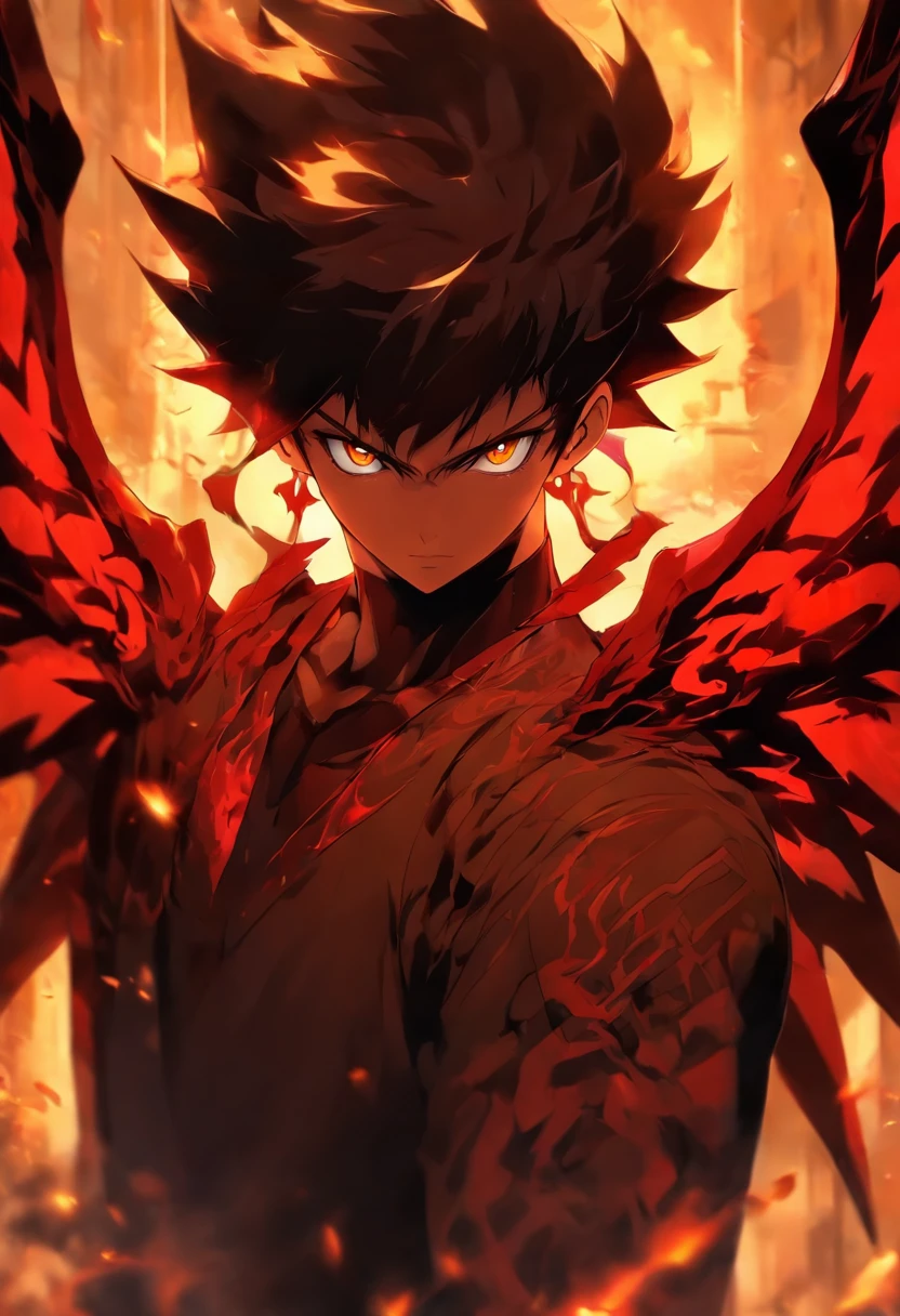 a boy original face with realistic background coffee color with devil eyes with original wings