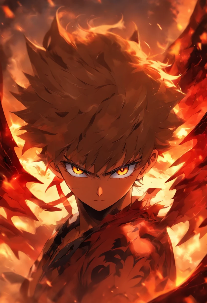 a boy original face with realistic background coffee color with devil eyes with original wings