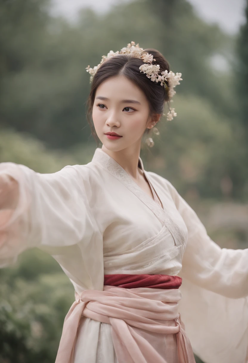 A young Chinese girl in Hanfu swings in the garden,In the background is a pavilion in classical Chinese style,There was also a group of young girls frolicking around,The background is blurred,4K8K,k hd,