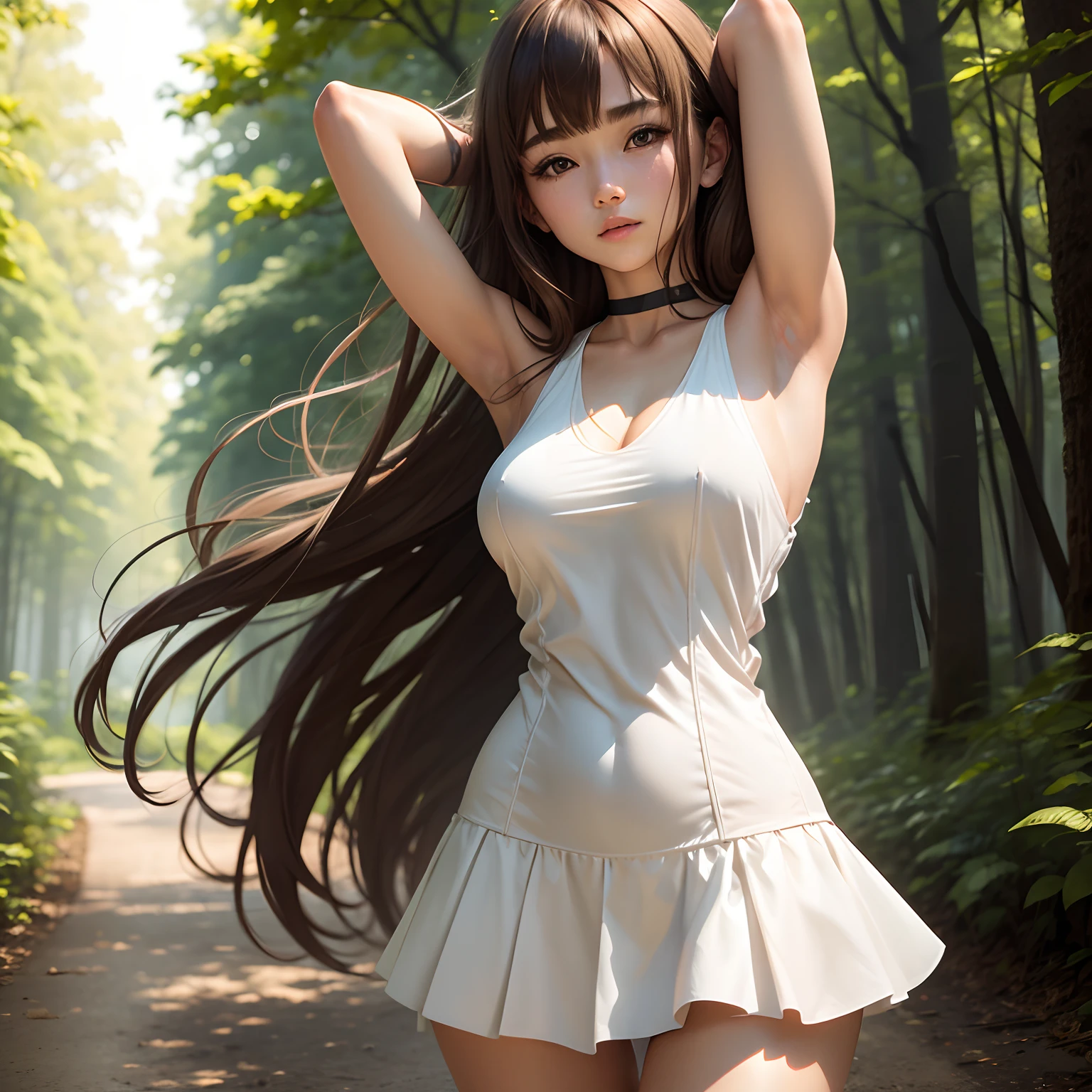 femele), （middlebreasts）, light brown hair, Blunt bangs, hair behind ear, hair over shoulder, （Long hair）, wetting hair, （slender body shape）, （Ultra Fine Face）, Delicate lips, （beautidful eyes）, eyes are brown, hide one's hands, a choker, （sleeveless jacket, White tight skirt:1.5）, (a japanese girl), (Posture with armpits wide open:1.3), bustshot, Broad-leaved forest, NIKON, 135 mm, nffsw, masutepiece, retinas, Super Detail, High quality, high details, hight resolution