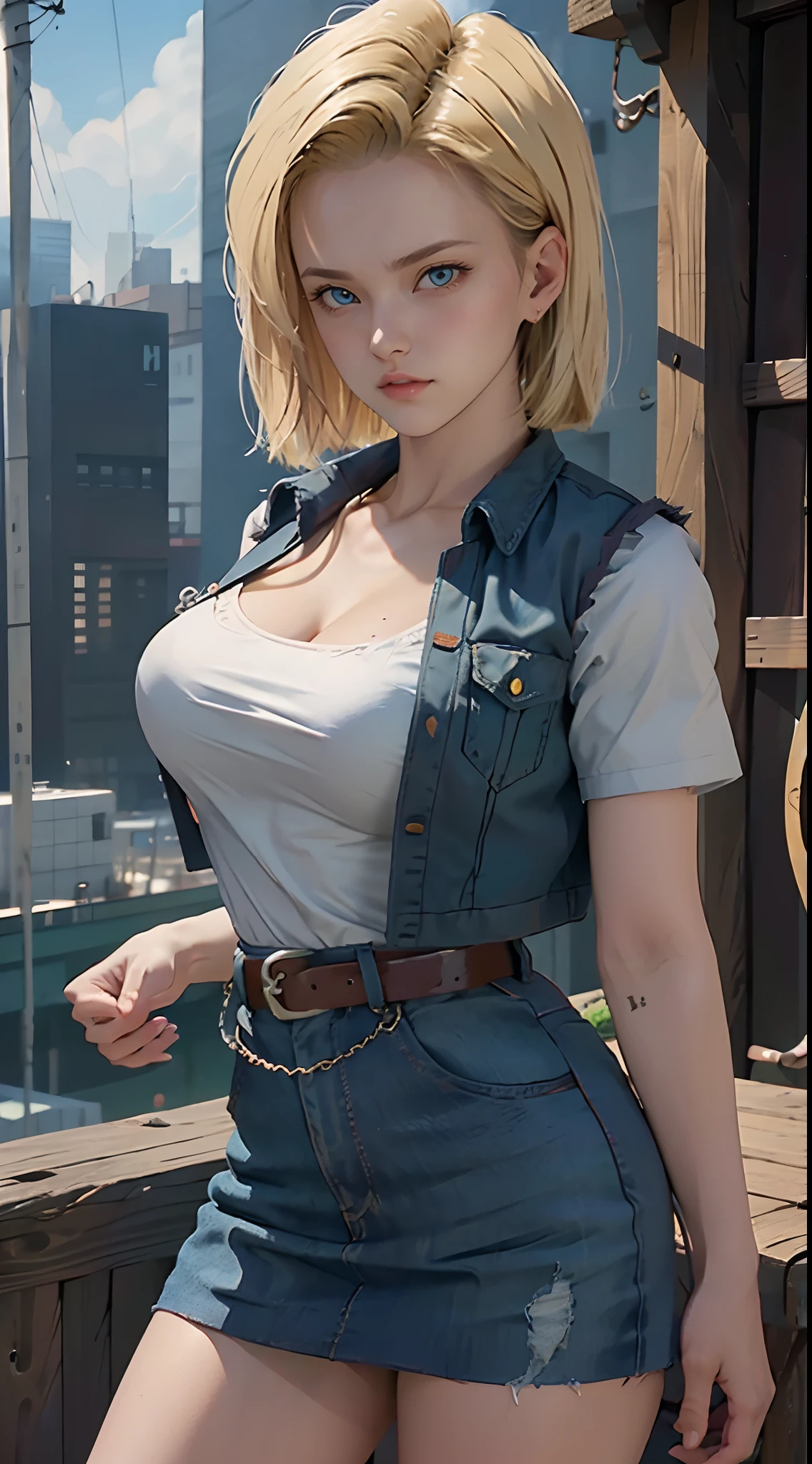 Hyper detailed image, UHD, 16k, professional photo, (Realistic photo of Android-18 From Dragon Ball Z) girl Goddess of beauty, very straight short blonde hair, serious face expression, ((she wears a blue denim jacket and a cropped white shirt, short white underground showing flesh of the breast)), erotic, open denim jacket showing her big, beautiful and perfect breasts, (breasts, long pointed breasts sticking out of the jacket), she wears a belt and a (raised blue denim skirt showing micro panties stuck in the pussy, bubian hair showing), brown boots, perfect hands and fingers,
  android 18, sexy saiyan girl, Official Art, Android-18 Sexy female, official character art, sexy female protagonist, lean and fit curved body :8, Akiri Toriyama, Director: Akira Toriyama, Bulma from Dragon Ball, Best Character Design Anime, Akira Toriyama style, beautiful single character, half naked