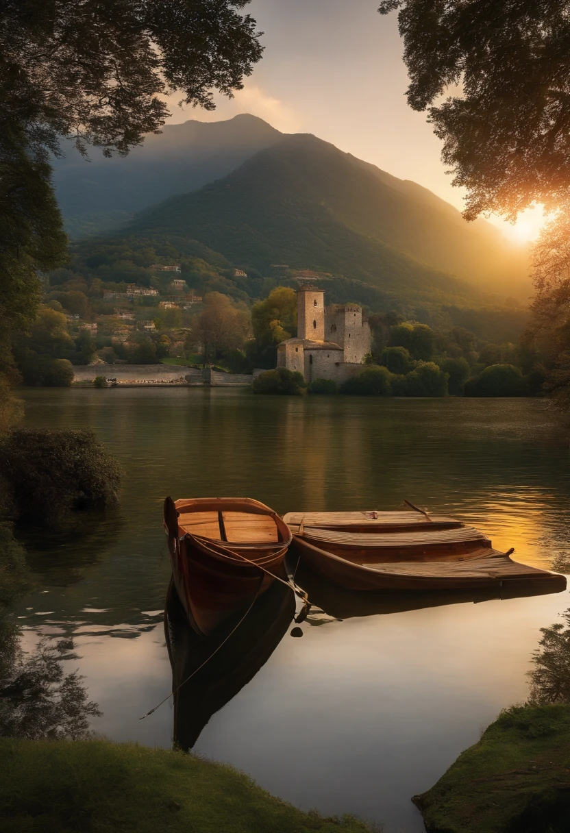 en un lago como si fuera una pantalla, muestra visiones de sus temores como enfrentar batallas historicas de epocas antiguas de escudo y espada dificiles y sus esperanzas de ser un guerrero griego antiguo y fortalecido. imagen ultra realista, 8k cinematic