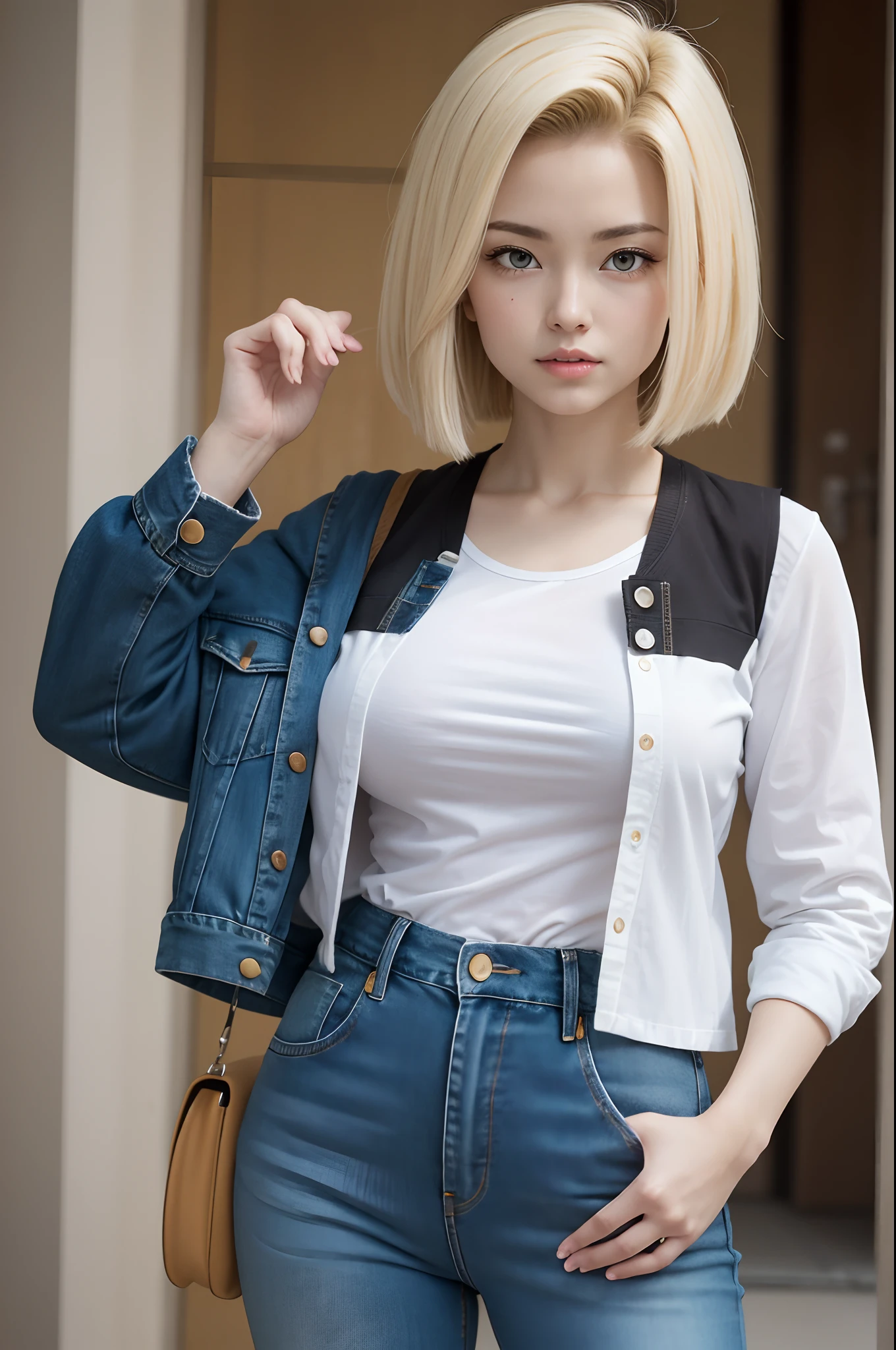 imagem hiper detalhada, UHD, 16k, foto profissional, (Foto realista do Android-18 de Dragon Ball Z) menina deusa da beleza, cabelos loiros curtos muito lisos, severe facial expression, ((Ela usa uma jaqueta jeans azul e uma camisa branca cropped, Short white underground showing breast meat)), Erotic, jaqueta jeans aberta mostrando seu grande, Seios lindos e perfeitos, (seios, longos seios pontiagudos saindo da jaqueta), ela usa um cinto e um (saia jeans azul levantada mostrando micro calcinha presa no , cabelo bubian mostrando), Botas marrons, perfect hands and fingers,
  Android 18, garota saiyajin sexy, Arte Oficial, Android-18 Sexy feminino, arte oficial do personagem, protagonista feminina sexy, corpo curvo magro e em forma :8, Akiri Toriyama, Diretor: Akira Toriyama, Bulma de Dragon Ball, Melhor Design de Personagem Anime, Akira Toriyama's stroke style, Cute single character, seminua