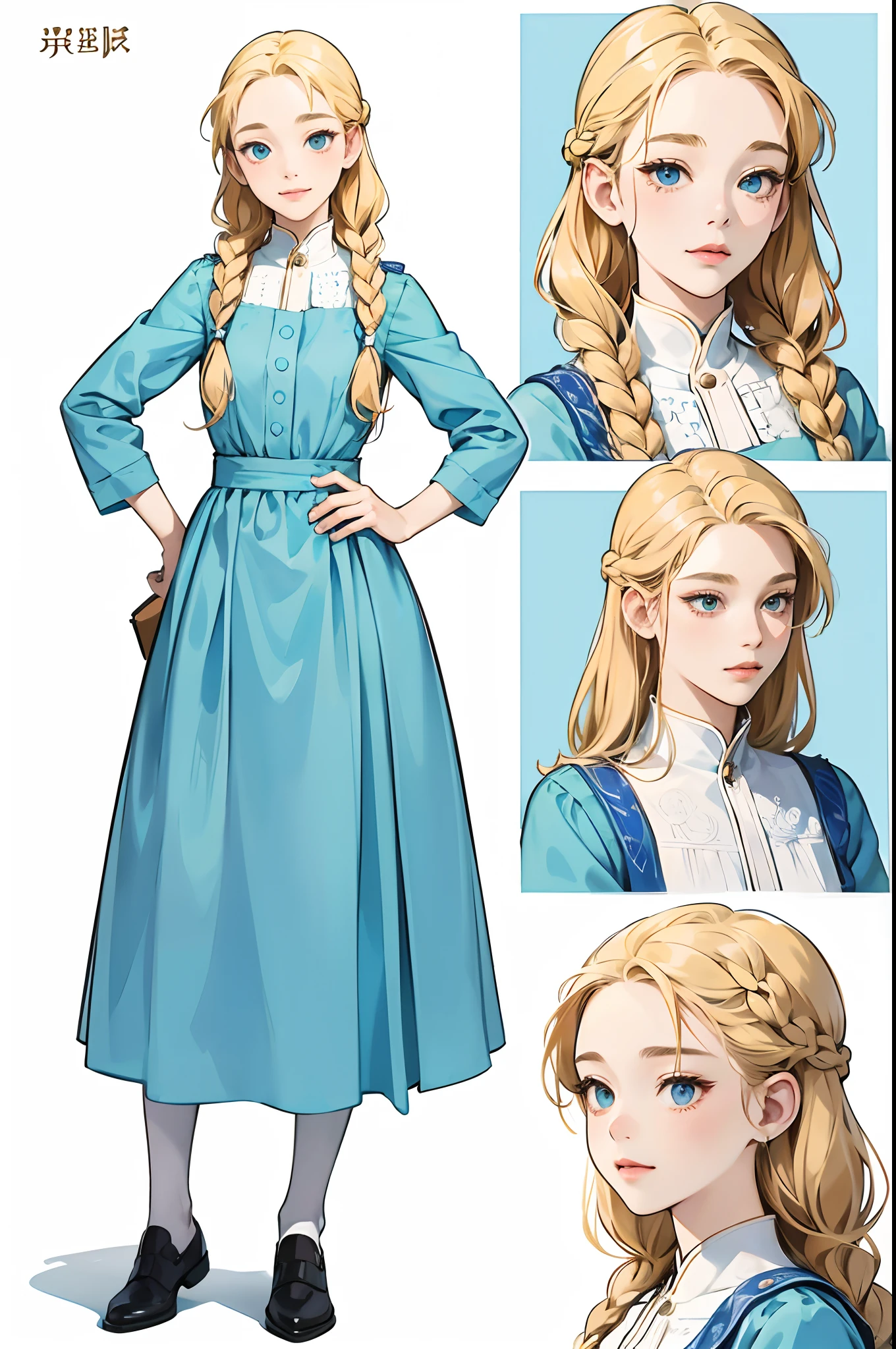 Vintage Ghibli style，A young girl with blonde hair tied into simple braids all over her body，Wear simple blue and white dresses，Back Shadow，Perfect good-looking face，The same person，character sheets，White background --niji 5