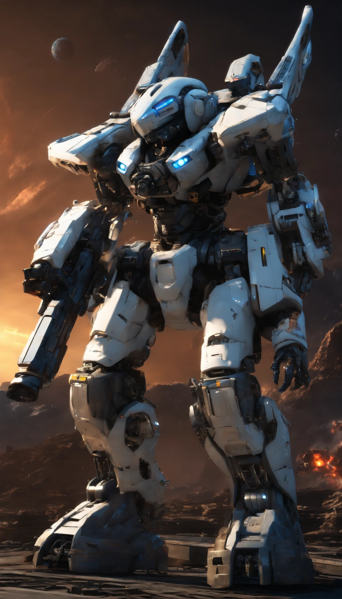 Raw photo、8K、hiquality、Photorealsitic、​masterpiece、awardwinning、a cool、Strong、(((Giant humanoid vehicle、Total height 18 meters、Humans board and move、Cockpit hatch in the abdomen、A pair of left and right exhaust ducts on the chest、White gray and navy blue coloring、Space Battle Specifications、Zero G Specification、Fully equipped、Heavy Warfare Aircraft、Realistic Robots、Mass-produced humanoid mobile weapon、Hand-to-hand powered suit、Robo the protagonist of a sci-fi story、Realisticity、(V-shaped blade antenna on forehead:1.4)、Ultra detailed machine face、(Twin-sensor camera eye at the position of the human eye:1.6)、The camera eye emits light、Face Guard、((Shoulder armor with huge thrusters on both shoulders))、(Smart and sharp proportions:1.4)、long legged、small head、Thoracic unit small、broad shoulders、((Arm equivalent manipulators are equipped with shields and rifles.:1.3))、Fire a beam rifle、(Giant space carrier with outer space and mother ship in the background、Earth and space colonies in the rear)、Accelerating by injecting thrusters)))