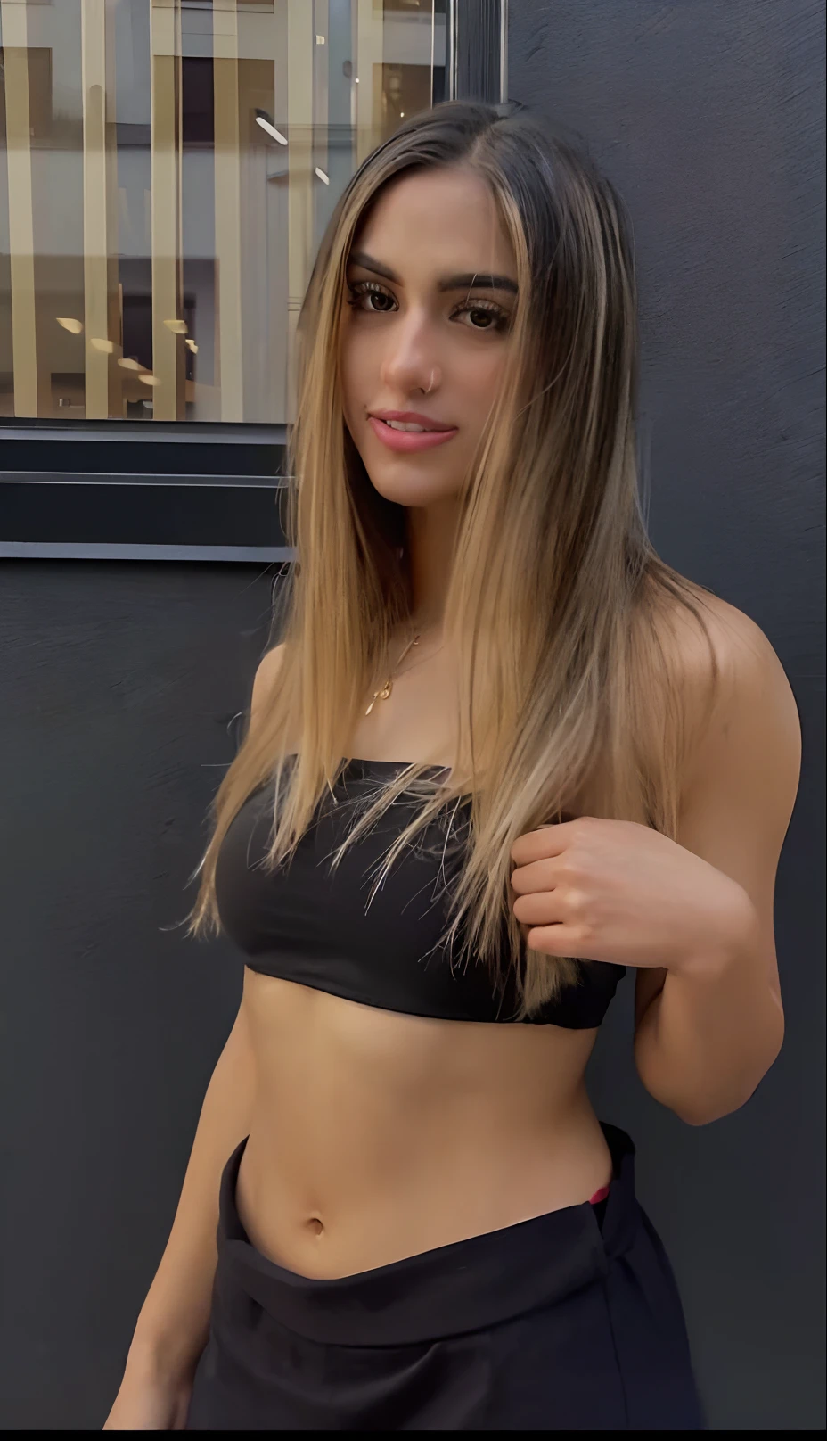 arafed woman in a black top and black shorts posing for a picture, 2 4 year old female model, tiny black bra, she is wearing a black tank top, wearing a sexy cropped top, wearing a cropped black tank top, black bra, wearing a black cropped tank top, her belly button is exposed, fit girl, flat chested, black top