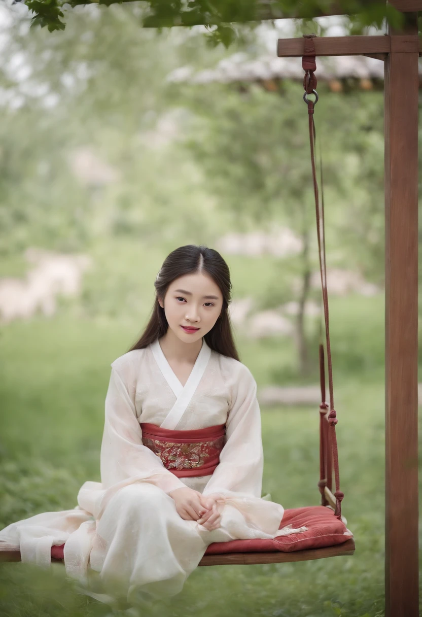 A young Chinese girl in Hanfu in the garden，（sitting on a swing），In the background is a pavilion in classical Chinese style，There is also a group of young girls frolicking，The background is blurred，4K8K，k hd，