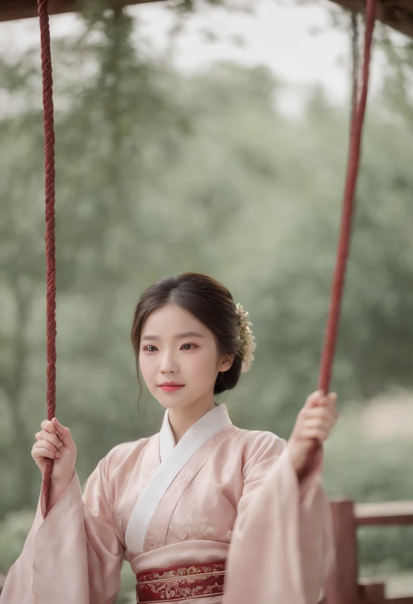 A young Chinese girl in Hanfu in the garden,(sitting on a swing),In the background is a pavilion in classical Chinese style,There is also a group of young girls frolicking,The background is blurred,4K8K,k hd,