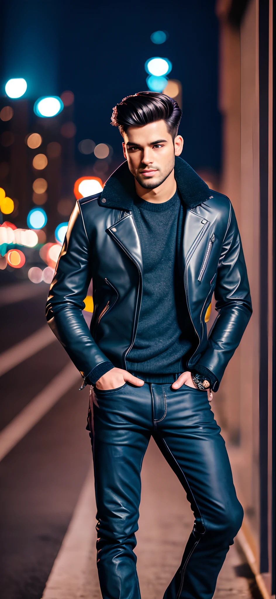 We’re shooting a portrait of a 25-year-old man. He’s wearing a stylish black leather jacket, with a city nightscape in the background. His expression is full of confidence, looking directly into the camera. The style is modern and sophisticated, with a cinematic feel. The lighting is dramatic, highlighting the texture of his face and jacket. The colors are a combination of monochrome and deep blue, emphasizing the city nightscape and his strong gaze. The shot is taken with a Canon EOS 5D Mark IV DSLR camera, EF 50mm f/1.8 STM lens. The resolution is 30.4 megapixels, ISO sensitivity is 100, and the shutter speed is 1/125 second. --ar 16:9 --v 5.1 --style raw --q 2 --s 750