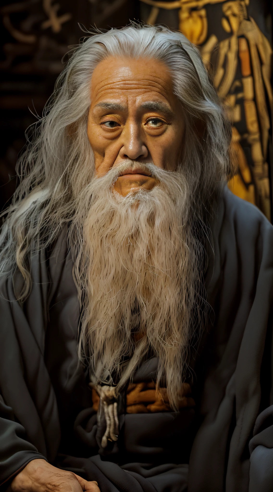 An old man,clad in robes,Face to the camera,The expression is kind。