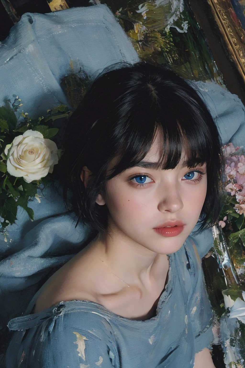 (oil painting:1.5),
\\
a woman with (black short hair with bangs), ((blue eyes)) and Blue Roses flowers in her hair is laying down in a field of Blue Roses flowers, (amy sol:0.248), (stanley artgerm lau:0.106), (a detailed painting:0.353), (gothic art:0.106)