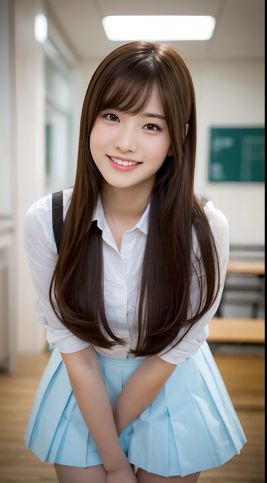 Very detailed 8k wallpaper)、foco nítido、in detail、Drama、Delicate and beautiful schoolgirl、sixteen years old、Sheer white shirt、Quite short skirt、ligh brown hair、hair adornments、Beautiful and sexy、A smile、Peek at the viewer、Beautiful graphics、Bright school building、Full of students、clean legs、crouching down、