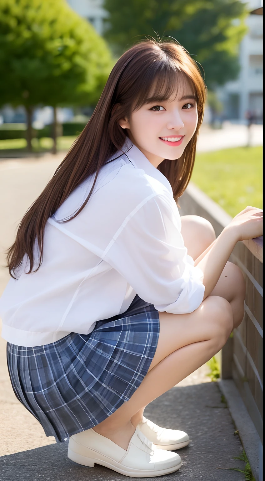 (Happy expression:1.26)、RAW Photos、(((The ultimate beauty full-body photo)))、((Glowing Skin))、1 Girl、25 year old beautiful girl from Prague、Bright expression、((Brown haired))、Girl in sweatshirt、Checkered Pleated Skirt、View from the floor、(Long stockings or pantyhose)、(Lift your skirt yourself)、Big Breasts、Spread your legs、Squat、Showing panties、((Very detailedな))、(Perfectly detailed face)、(Great hands)、(Finger details)、(Superior anatomy)、Photorealistic images、最high quality、Very detailedな、Film Light、Intricate details、High resolution、Very detailed))、Detailed Background、8 Quad HD、Digital single-lens reflex camera、Soft Light、high quality、Film Grain、Fujifilm XT3 、Shallow depth of field、natural Soft Light、Kamimei、