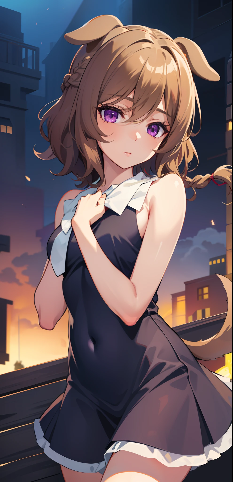 1girl, solo, ((masterpiece)), ((best quality)), extremely detailed face, perfect lighting, nice hands, perfect hands, naaza erisuis, hair between eyes, dog ears, dog tail, dog girl, brown hair, short hair, braid curly hair, purple eyes, healthy skin, sleeveless.