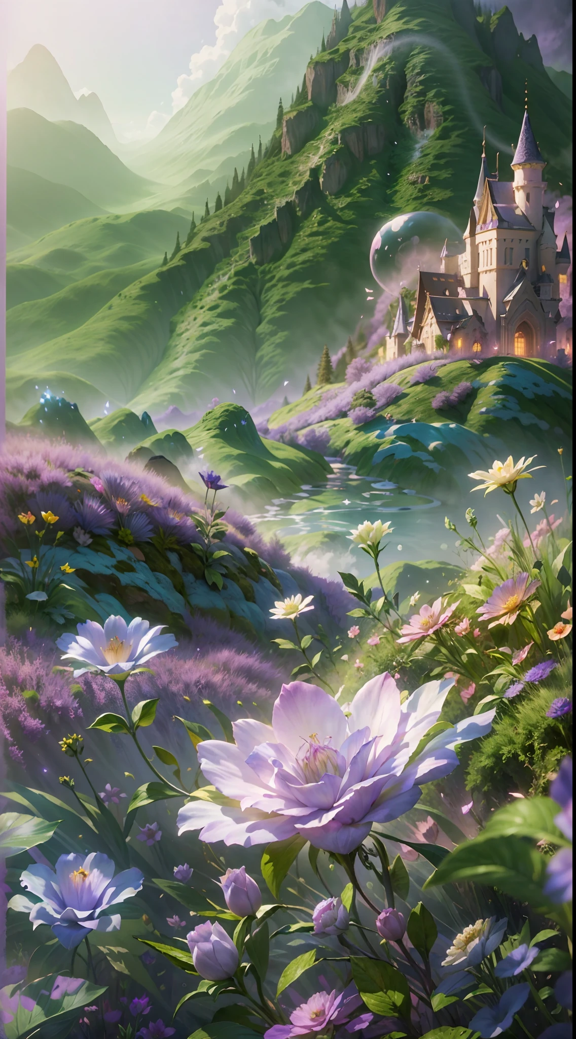 fresh flowers, magical fairy background, Magical background, Fantasy background, fairy tale style background, bubbly scenery, Ethereal background, mythical floral hills, in a surreal dream landscape, stuning fantasy 3 d render, lost in a dreamy fairy landscape, Surreal background, surreal dreamscape, surreal dream landscape, floral environment，purpleish color