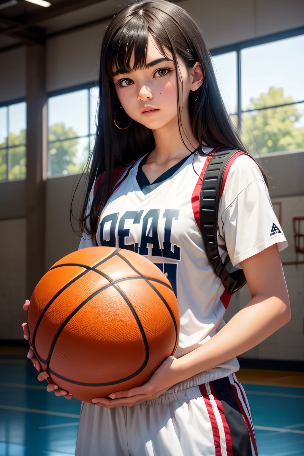 a high with basketball gym background holding a ball