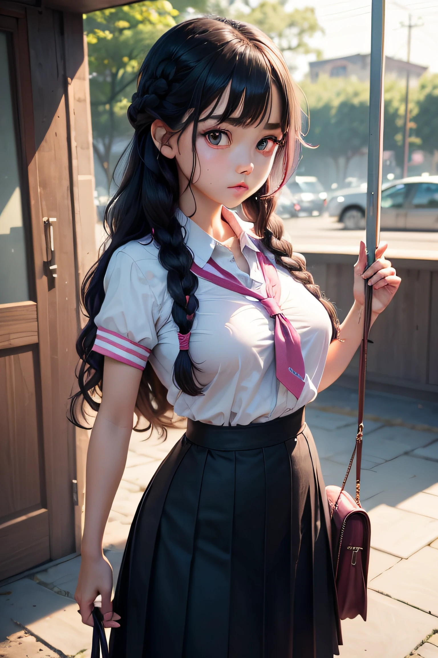nine year old girl with straight long hair wearing white shirt and pink short skirt, and kodomo bag, kawaii girl, hyper realistic photography,