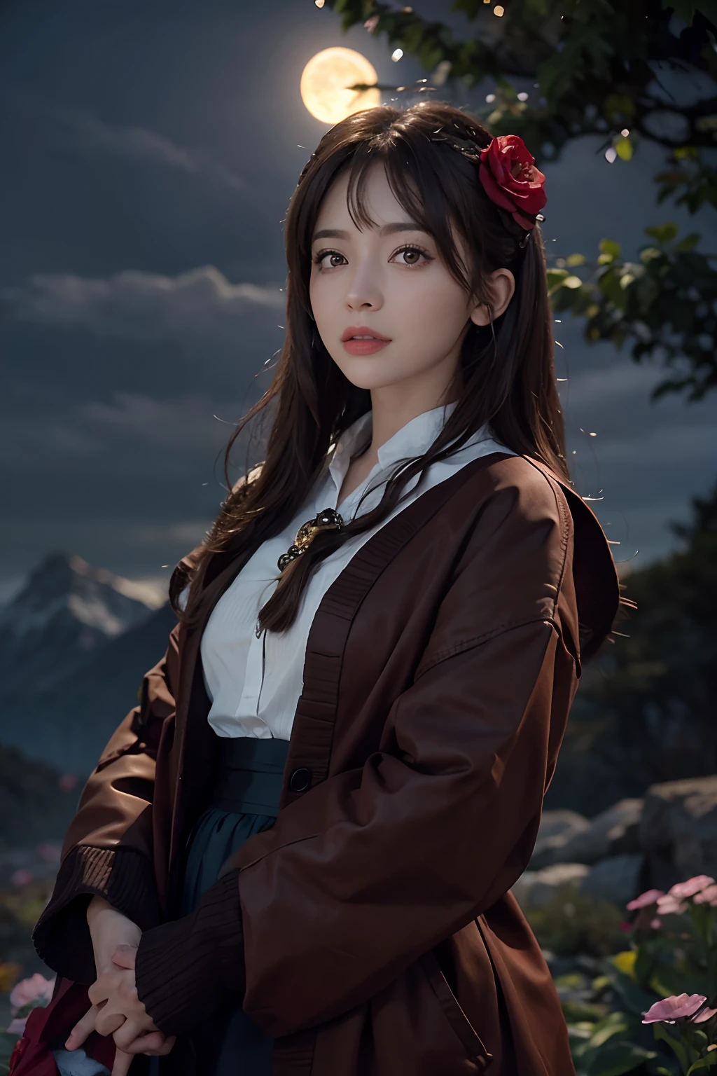 1girl, blurry, blurry_background, brown_eyes, brown_hair, depth_of_field, earrings, flower, full_moon, hair_flower, hair_ornament, lips, looking_at_viewer, moon, moonlight, night, night_sky, outdoors, red_flower, red_moon, sky, solo,cute,hair with bangs