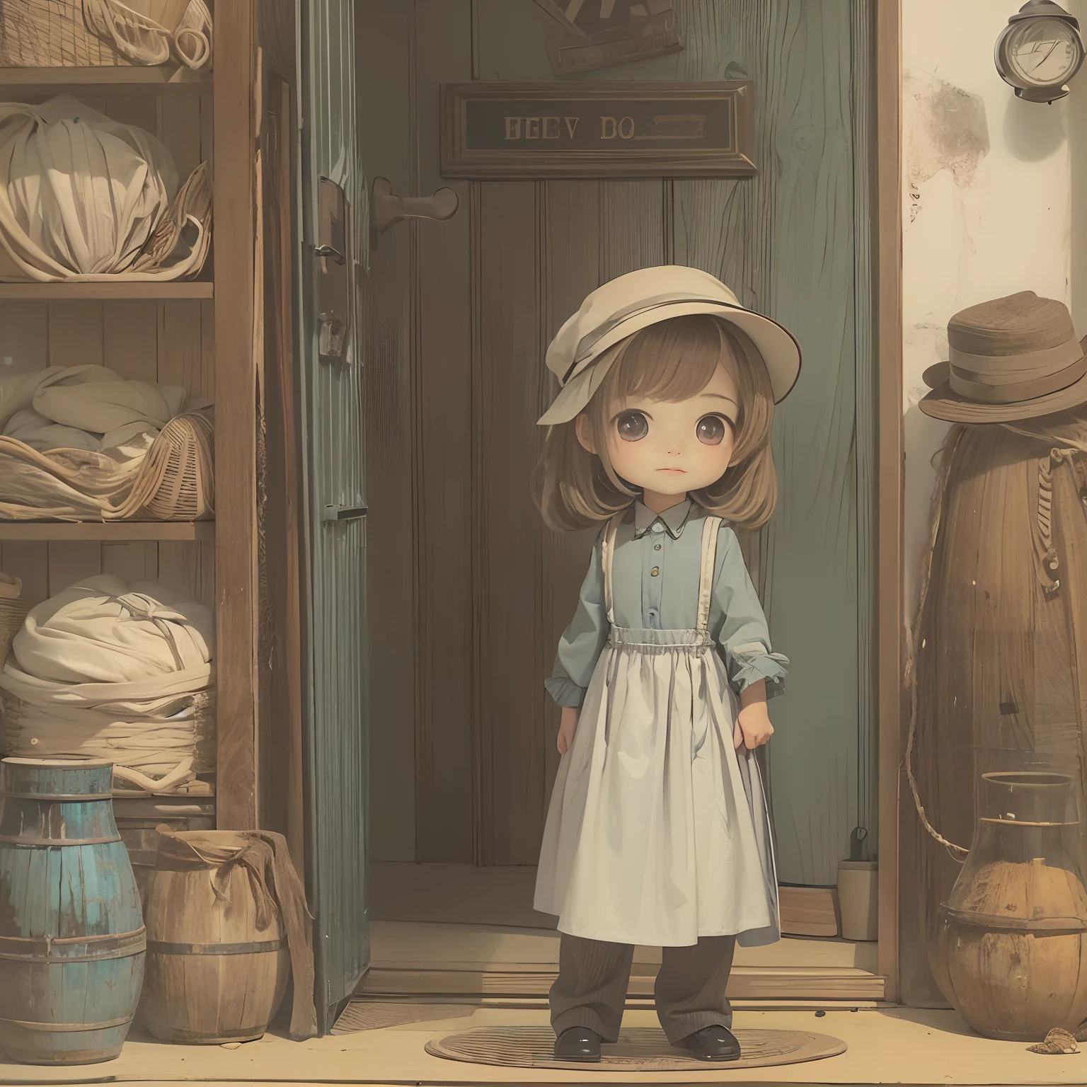 Amish chibi Girl in hat and in very modest conservative  clothes of arabs stands in the doorway, chibi surrounding
