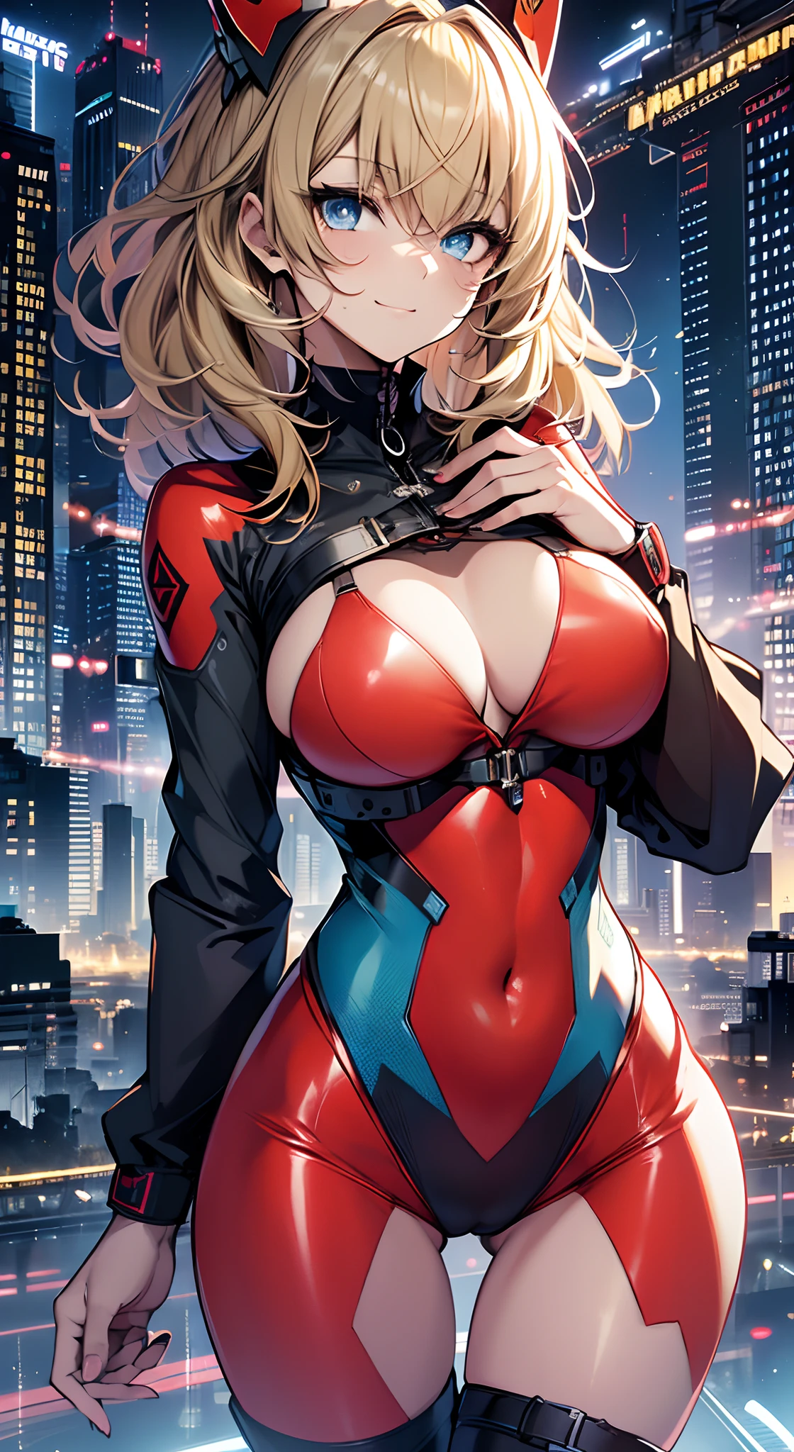 top-quality、Top image quality、in 8K,4K,​masterpiece、、ultra-detailliert、Beautiful、ultra-quality、adult-like、Cool、girl with(((18year old、Red Rubber Suit 1:3、Colossal tits、a blond、straight haired、Blue eyes、flank、erotick:1.4、Happiness、The tattoo)))、raise one leg wide、I-shaped legs:1.3、hiquality、visualart、Background with((nightcity:1.2))、masutepiece