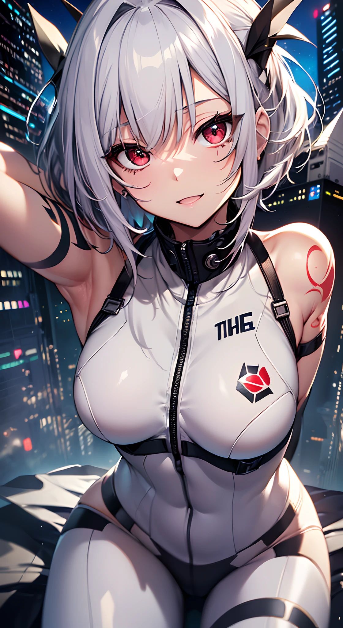 top-quality、Top image quality、in 8K,4K,masterpiece、、ultra-detailliert、Beautiful、ultra-quality、adult-like、Cool、girl with(((18year old、White Rubber Suit 1:3、small tits、silber hair、a short bob、Red Eyes、erotick:1.4、Happiness、The tattoo)))、opening legs widely、hiquality、visualart、Background with((nightcity:1.2))、masutepiece