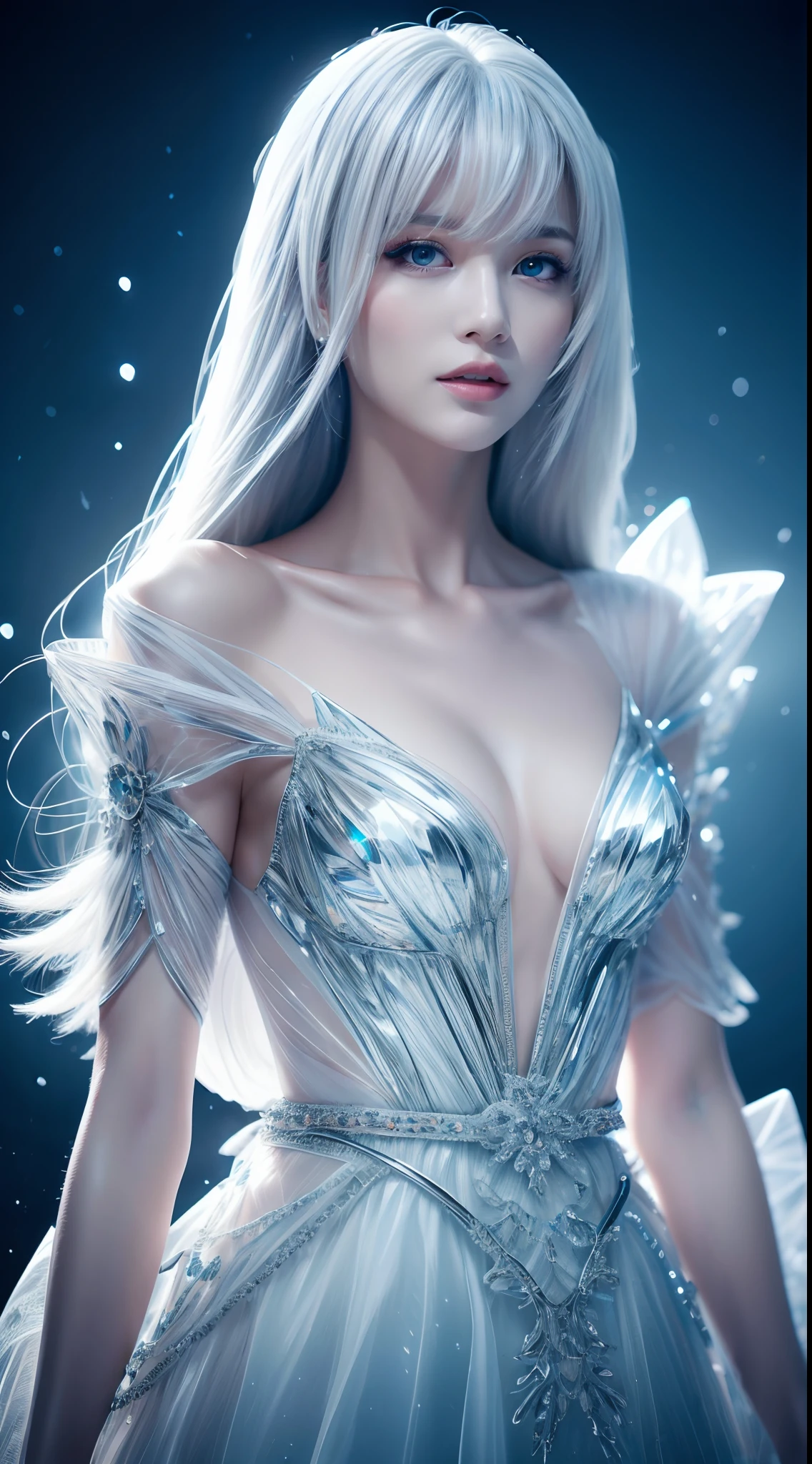 ilustration 1 woman, blue lipstick on lips, ice armor up to neck, cinematic light, highest quality, ultra detailed realism, detailed face, detailed eyes, best quality, hyper detailed, works cousin, masterpiece, top quality, best, official art, beautiful and aesthetic, long exposure: 1 elegant woman masterpiece,broad and delicate shoulders, medium breasts, Charming Patterns, Icy witch woman, White , eyes covered by a veil made of ice, Her body is covered with pieces of ice detailed in a beautiful black dress, witch, winter, ice throne, witchcraft, Tone of Magic in Blue, strong glow in neon blue, queen, majesty, in the background a blizzard covering the environment. Front portrait, full body. White hair with bangs, white hair with bangs, white hair with bangs, skinny, small breasts, look at camera, look at viewer