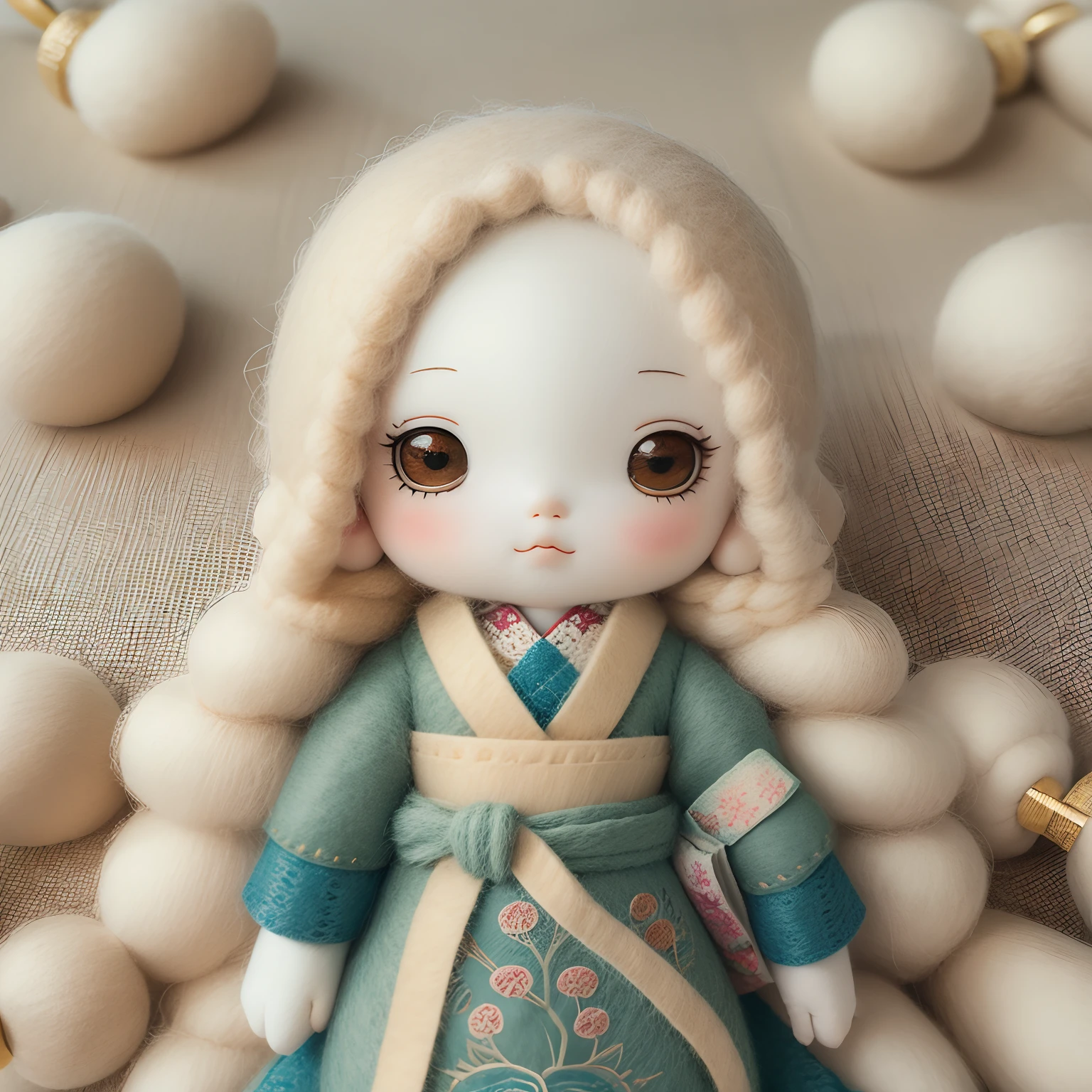 (((wool felt))),Japanese craftsmanship,A big-headed doll,Cute felt fabric,3D立体,rich details,Cashmere details,cloths,Best quality,3D felt,Fine details,Wool texture,rich in texture,Realistic,Creative,meticulous craftsmanship,Pastel color scheme