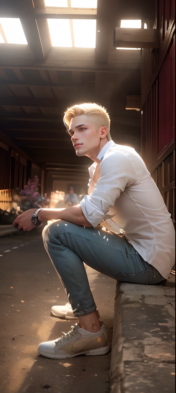 This 20-year-old British man displays radiant youth, with naturally pink lips that curve into a charming smile. Her blonde hair, short and straight, flows delicately down to her neck, subtly catching the light. His blue eyes, as clear as the sky, reflect a youthful serenity. Perfect facial features outline a captivating face where every detail appears sculpted with precision. Your toned body reveals a dedication to health and well-being, conveying an athletic and vibrant presence. Wearing a simple linen shirt, he radiates happiness, as if the light fabric matches the lightness of his spirit. The shirt, subtle and elegant, highlights your youth with a touch of relaxed style. The cinematic portrait is realistic, with a beautifully detailed face, featuring high 8k resolution and atmospheric lighting that highlights the realistic, sharp features of his face.