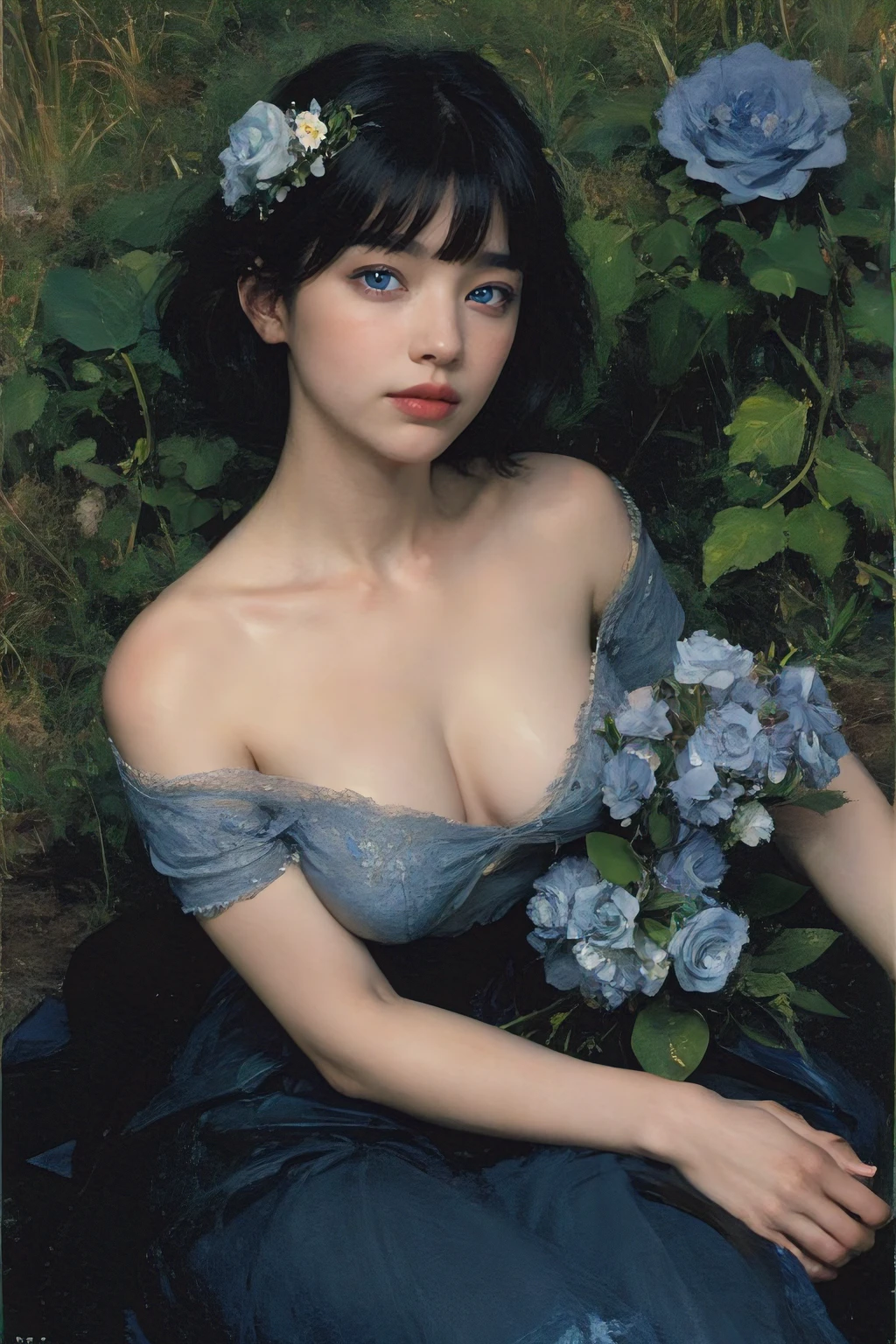 (oil painting:1.5),
\\
a woman with (black short hair with bangs), ((blue eyes)) and Blue Roses flowers in her hair is laying down in a field of Blue Roses flowers, (amy sol:0.248), (stanley artgerm lau:0.106), (a detailed painting:0.353), (gothic art:0.106)