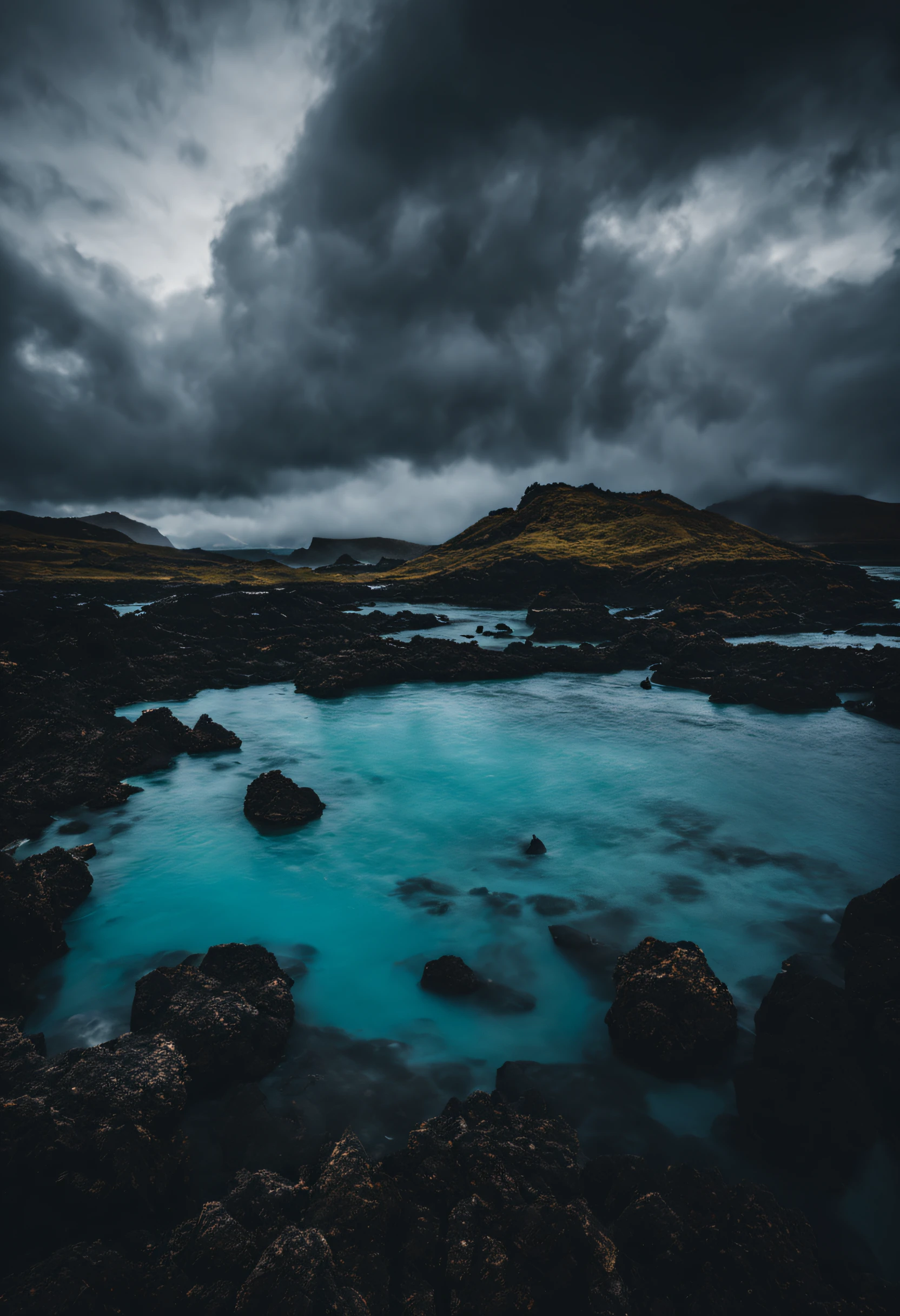 A moody and atmospheric rendering of Iceland's famous Blue Lagoon, with steam rising from the turquoise waters and a dramatic stormy sky in the background.