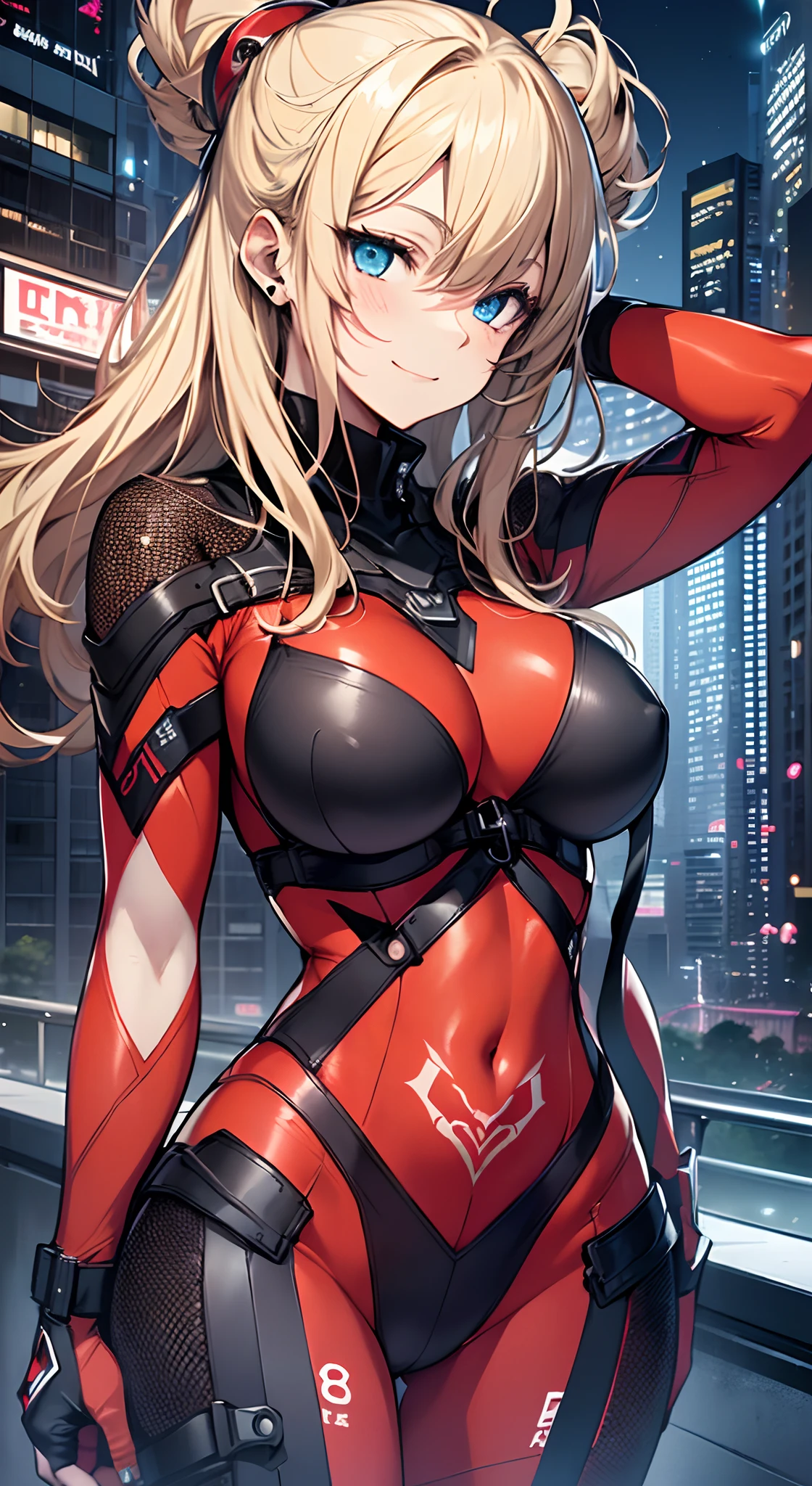 top-quality、Top image quality、in 8K,4K,​masterpiece、、ultra-detailliert、Beautiful、ultra-quality、adult-like、Cool、girl with(((18year old、Red Rubber Suit 1:3、Colossal tits、a blond、straight haired、Blue eyes、flank、erotick:1.4、Happiness、The tattoo)))、hiquality、visualart、Background with((nightcity:1.2))、masutepiece
