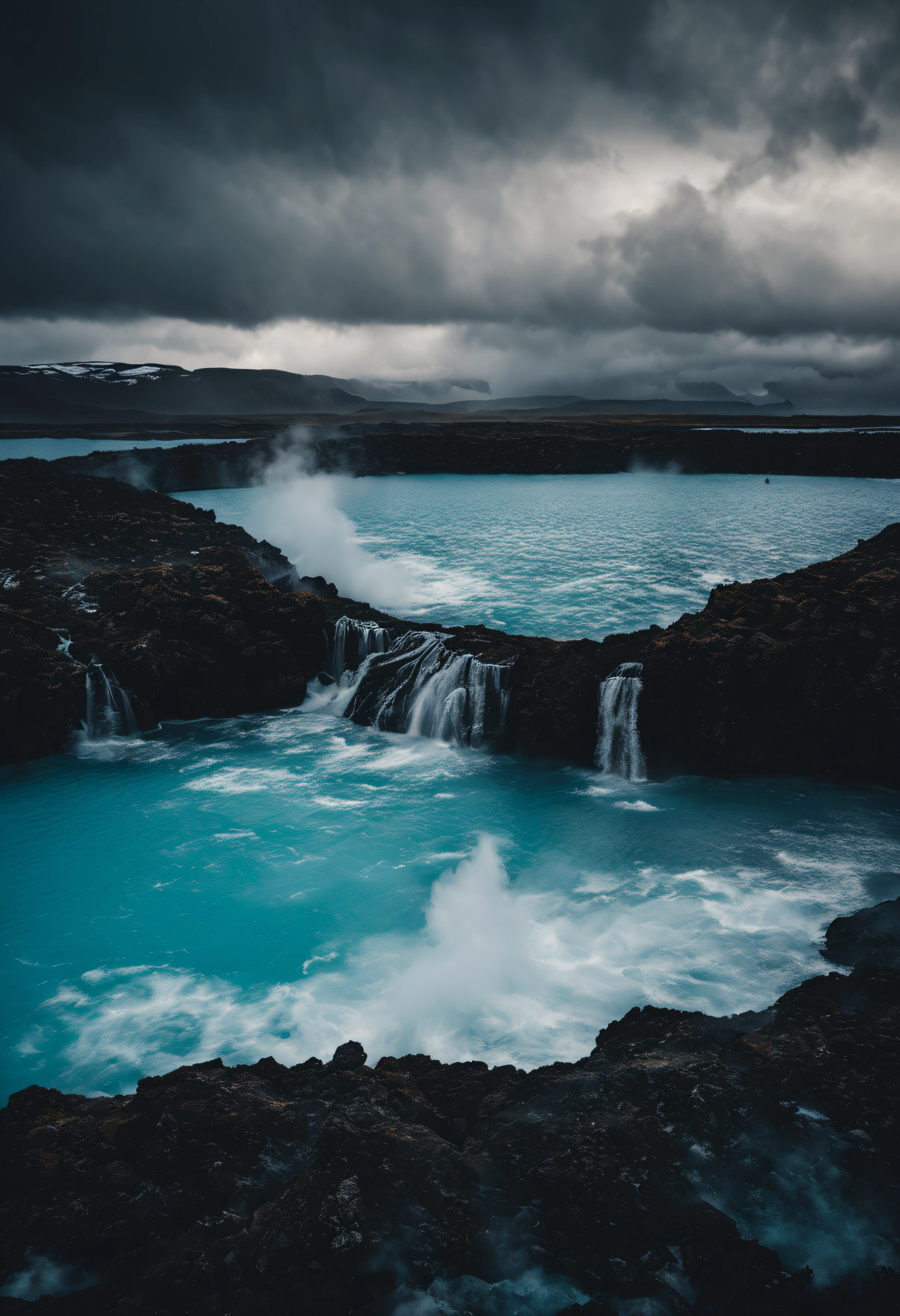 A moody and atmospheric rendering of Iceland's famous Blue Lagoon, with steam rising from the turquoise waters and a dramatic stormy sky in the background.