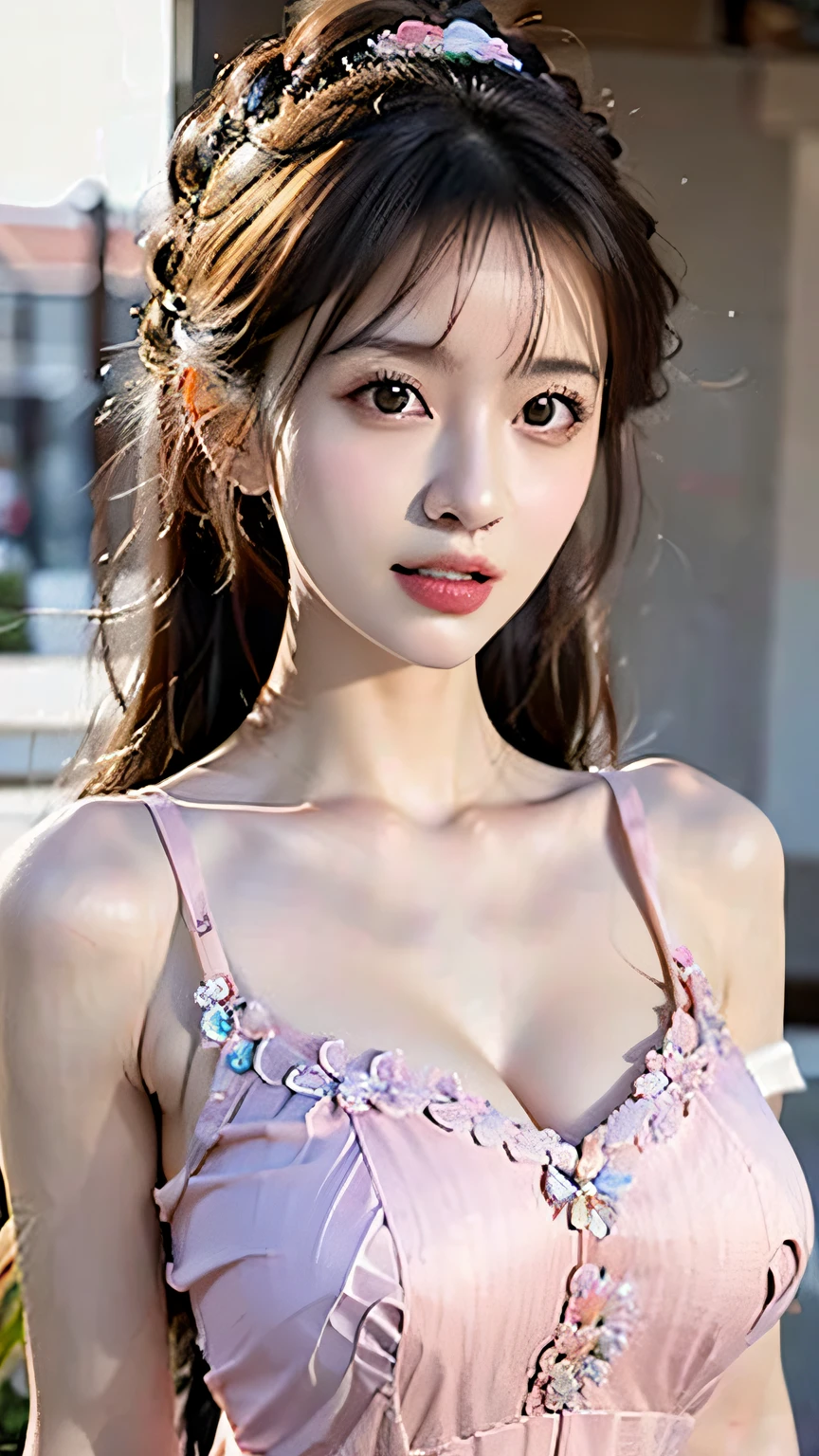 Browsing Caution, 8k RAW photos, Highest quality, masterpiece, Ultra-high resolution, Movie Grain, ((Showing off a revealing white micro bikini)).movie, 1 Girl, Looking at the audience, Natural skin texture、Very heavy chest))),Realistic eye and facial details, Fuller lips, Lipstick Makeup), Red eyeshadow, Fluffy ponytail hair, Messy Hair, A sloppy smile, Beautiful foot, Tall Woman, skinny, slim_foot, alone, Huge breasts, Cleavage, Butt, shirt,, Around the flower position, (Detailed Background,A revealing white shirt, Huge breasts, Cleavage, loafers, Blurred Background, Plaid, Short sleeve, ((JC with a pink ribbon around her neck))),Big JC ribbon, Brown Hair, bracelet, water, bangs, jewelry, Part your lips,, Depth of written border、Armpit pussy、Beautiful sea、Watercolor stripe pattern、13 years old