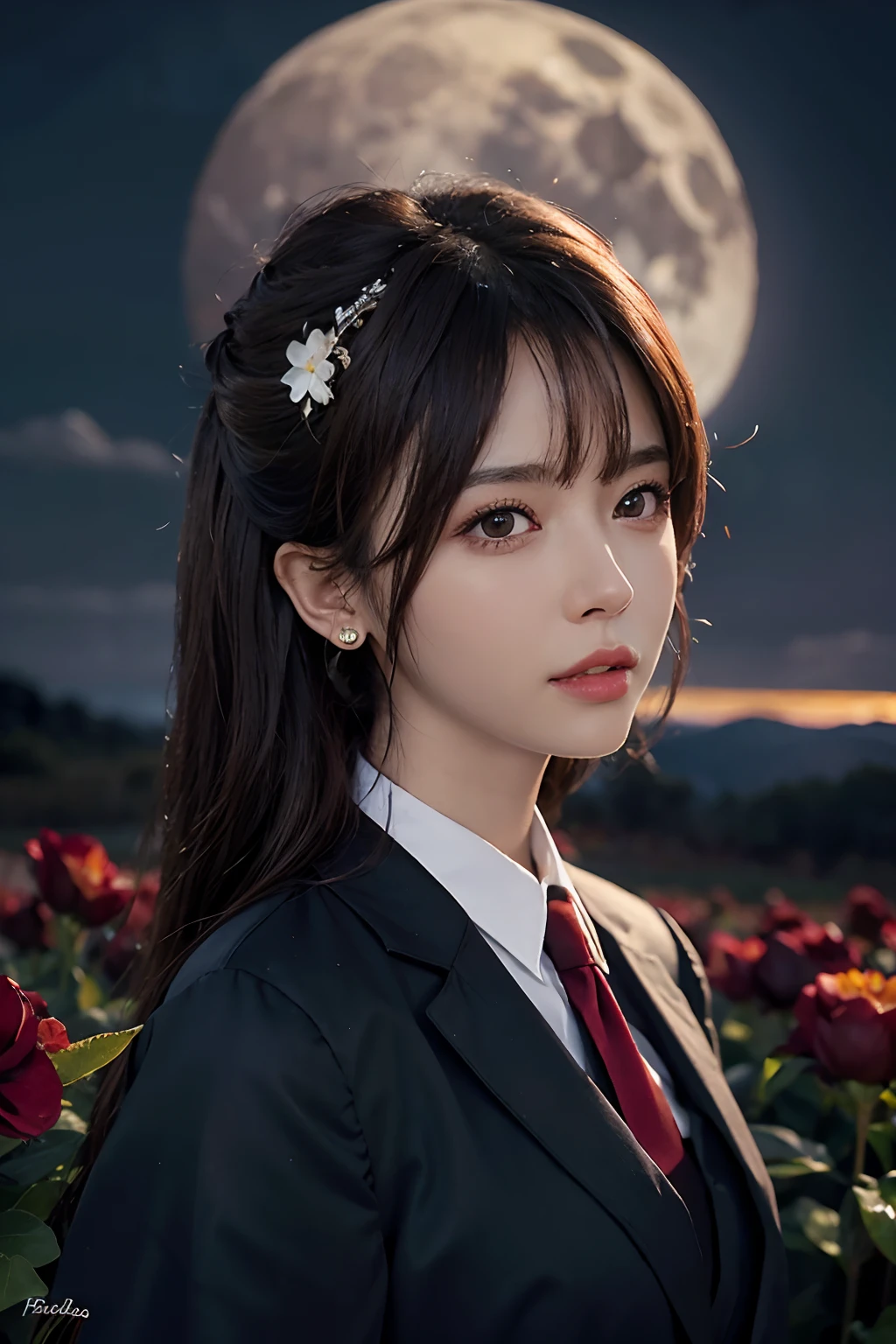 1girl, blurry, blurry_background, brown_eyes, black _hair, depth_of_field, earrings, flower, full_moon, hair_flower, hair_ornament, lips, looking_at_viewer, moon, moonlight, day, day_sky, outdoors, red_flower, red_moon, sky, solo,cute,hair with bangs,school uniform formal