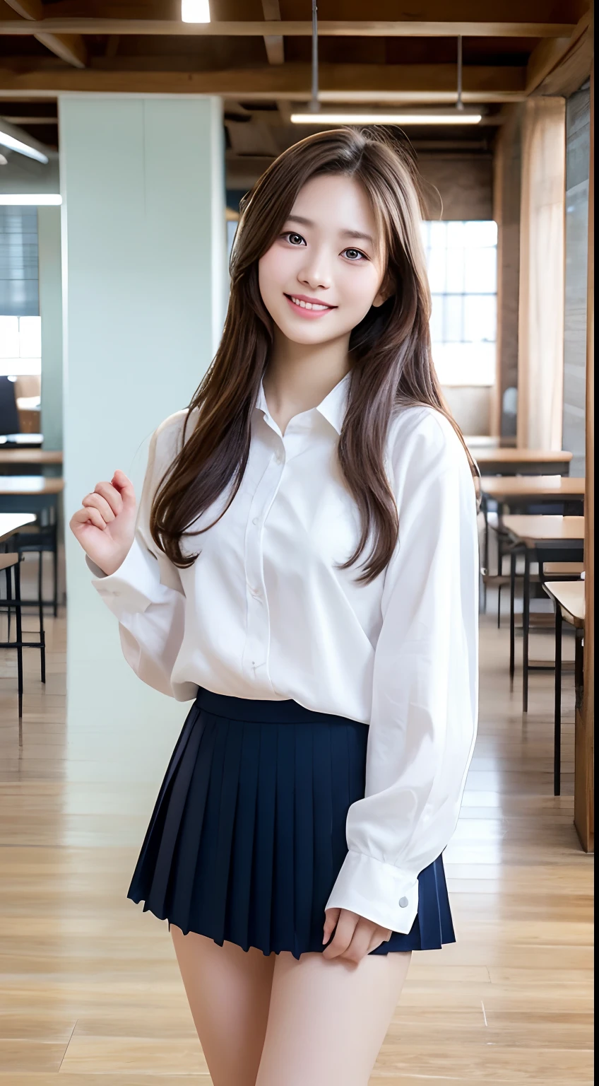 Very detailed 8k wallpaper)、foco nítido、in detail、Drama、Delicate and beautiful schoolgirl、sixteen years old、Sheer white shirt、Quite short skirt、ligh brown hair、hair adornments、Beautiful and sexy、A smile、Peek at the viewer、Beautiful graphics、Bright school building、Full of students、clean legs、crouching down、